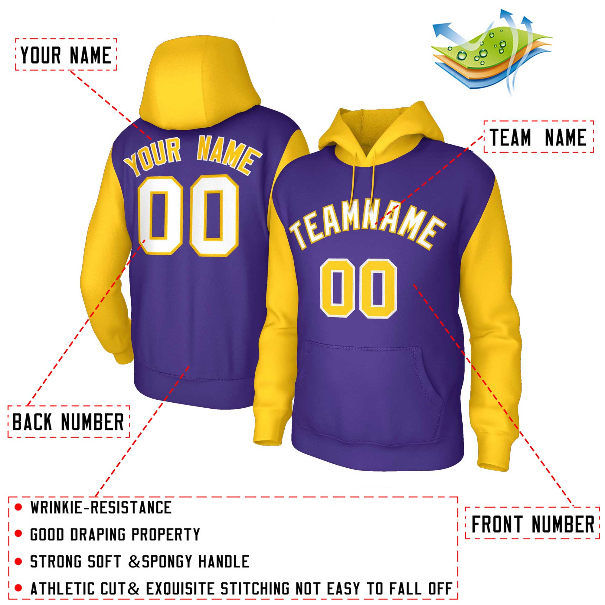 Custom Purple White-Gold Raglan Sleeves Stitched Sportwear Pullover Hoodie