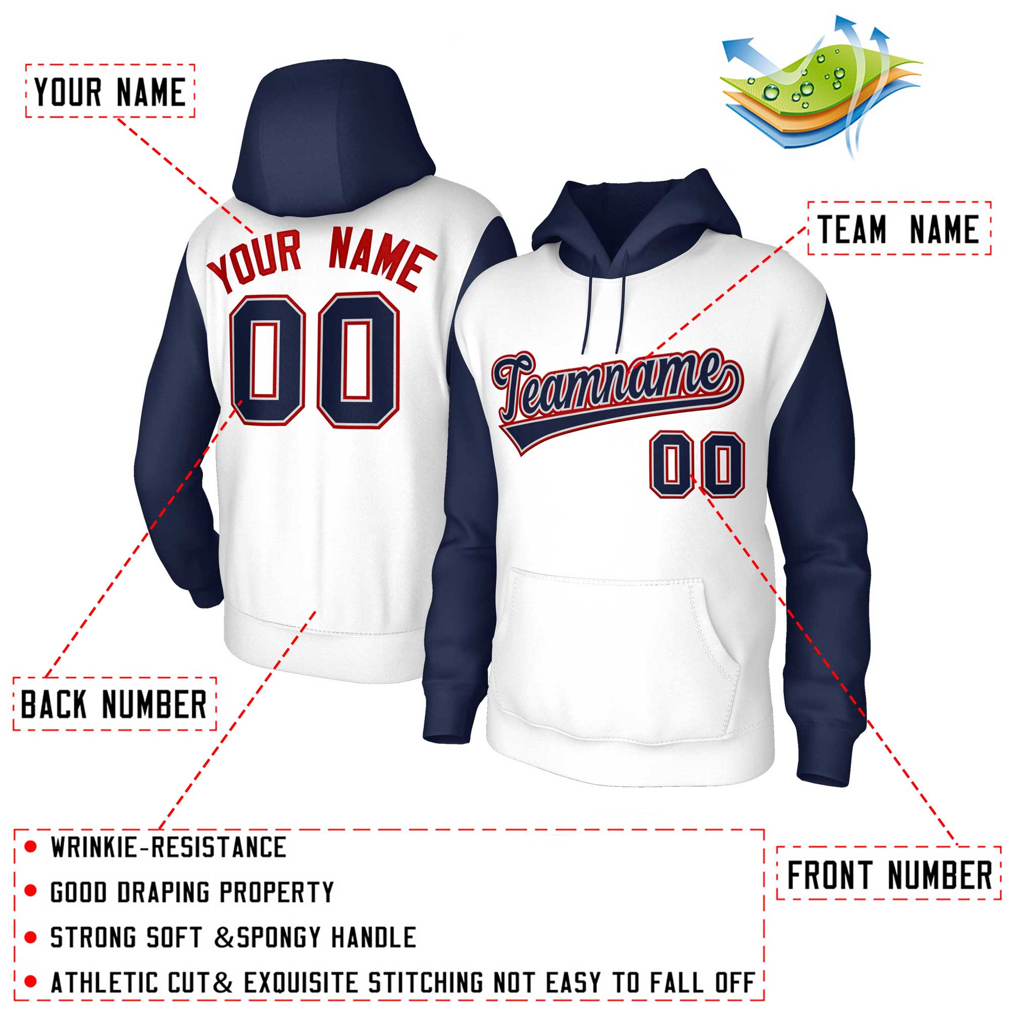 Custom White Navy-Gray Raglan Sleeves Stitched Sportwear Pullover Hoodie