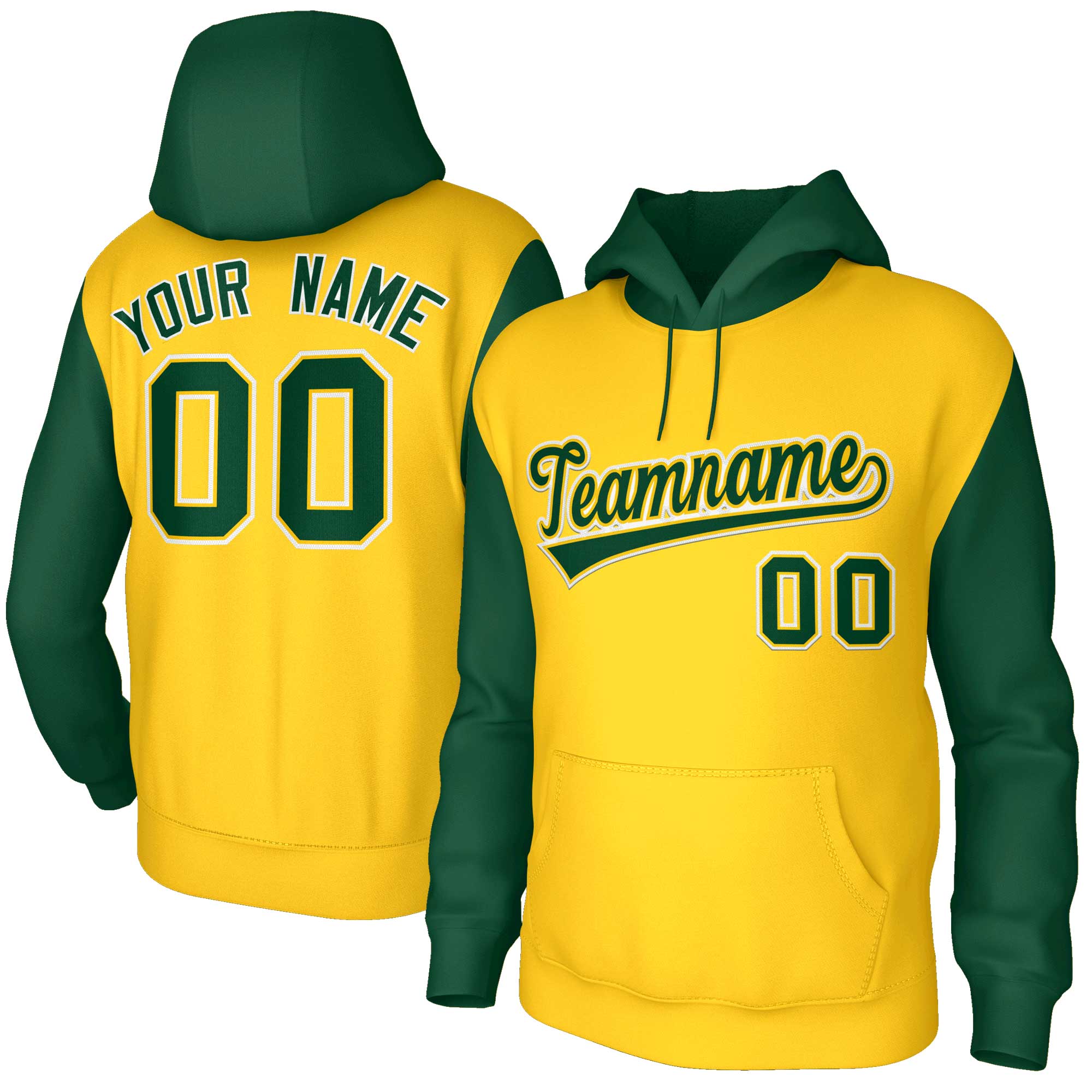 Custom Gold Green-Gold Raglan Sleeves Stitched Sportwear Pullover Hoodie