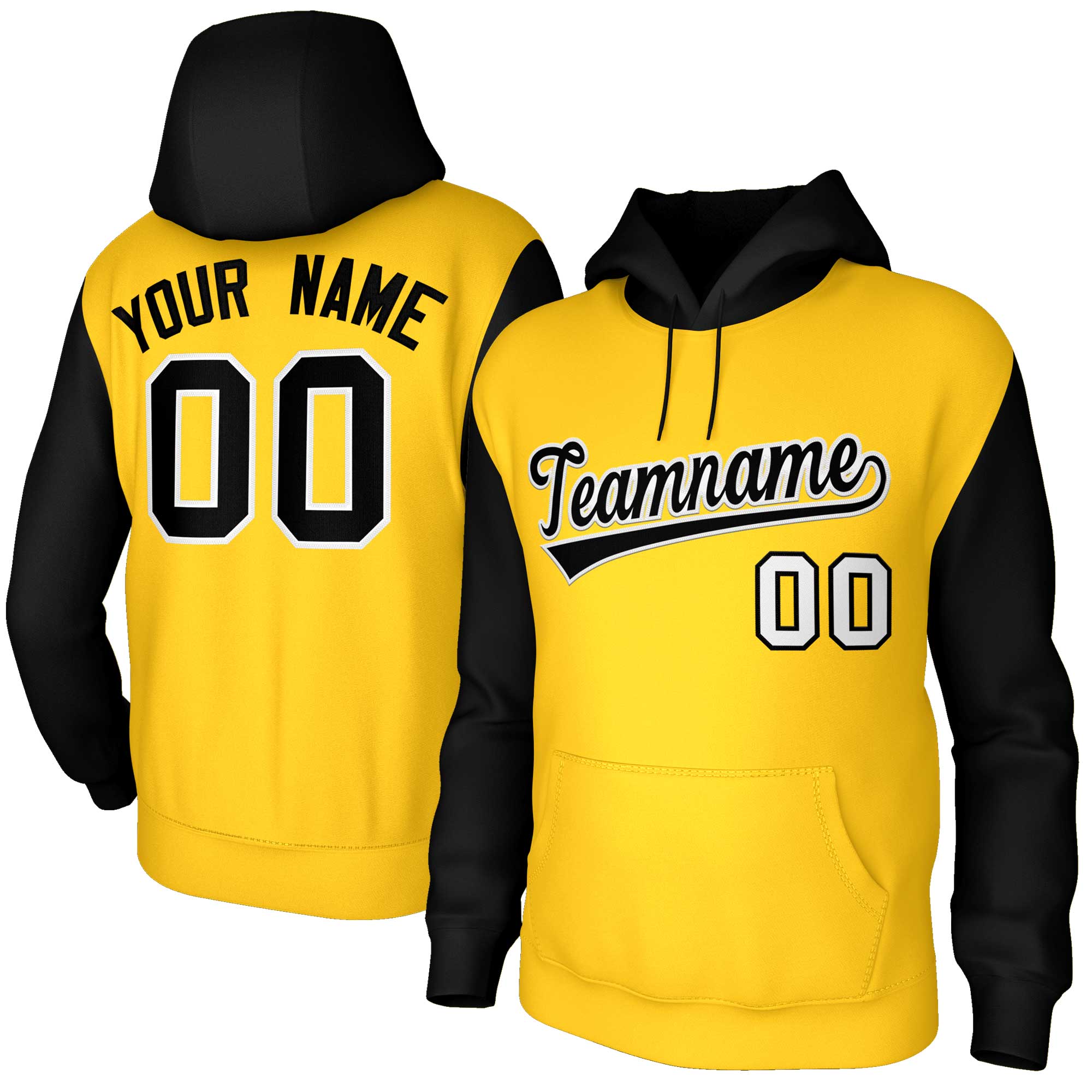 Custom Gold Black-White Raglan Sleeves Stitched Sportwear Pullover Hoodie