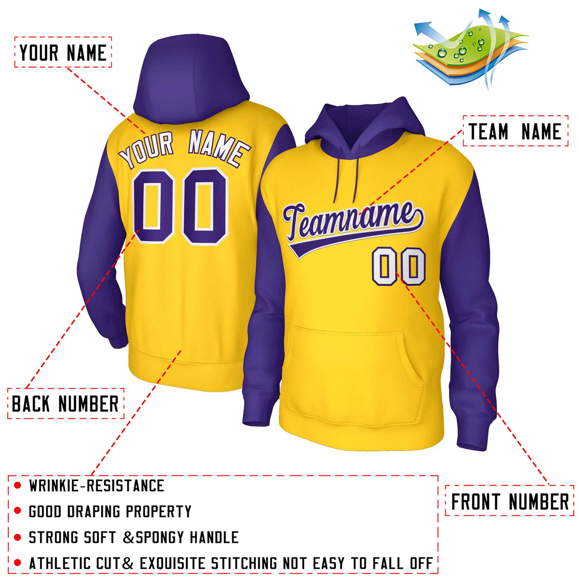 Custom Gold Purple-White Raglan Sleeves Stitched Sportwear Pullover Hoodie