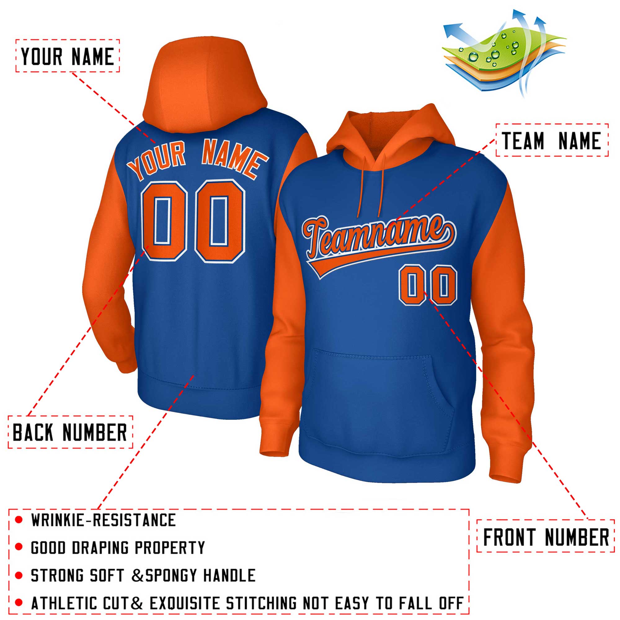 Custom Royal Orange-Royal Raglan Sleeves Stitched Sportwear Pullover Hoodie