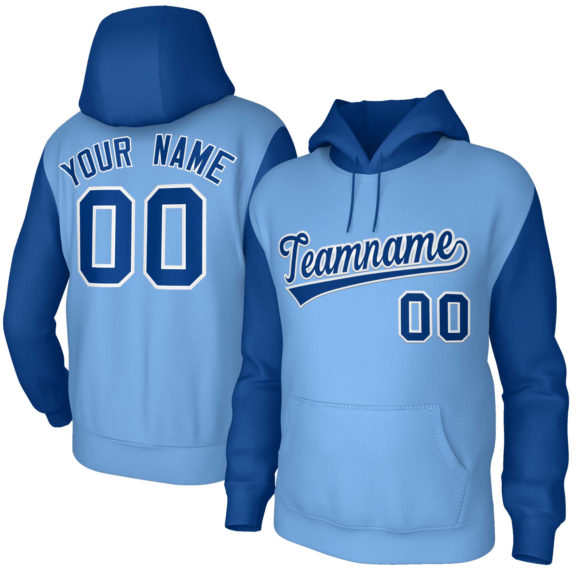 Custom Light Blue Royal-White Raglan Sleeves Stitched Sportwear Pullover Hoodie