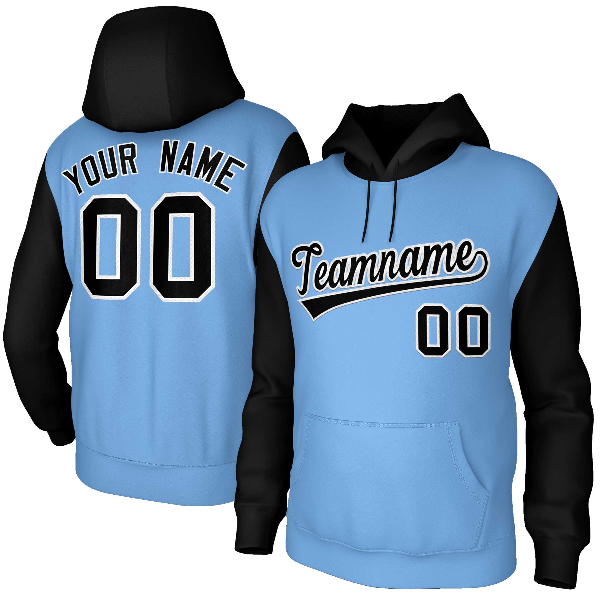 Custom Light Blue Black-White Raglan Sleeves Stitched Sportwear Pullover Hoodie