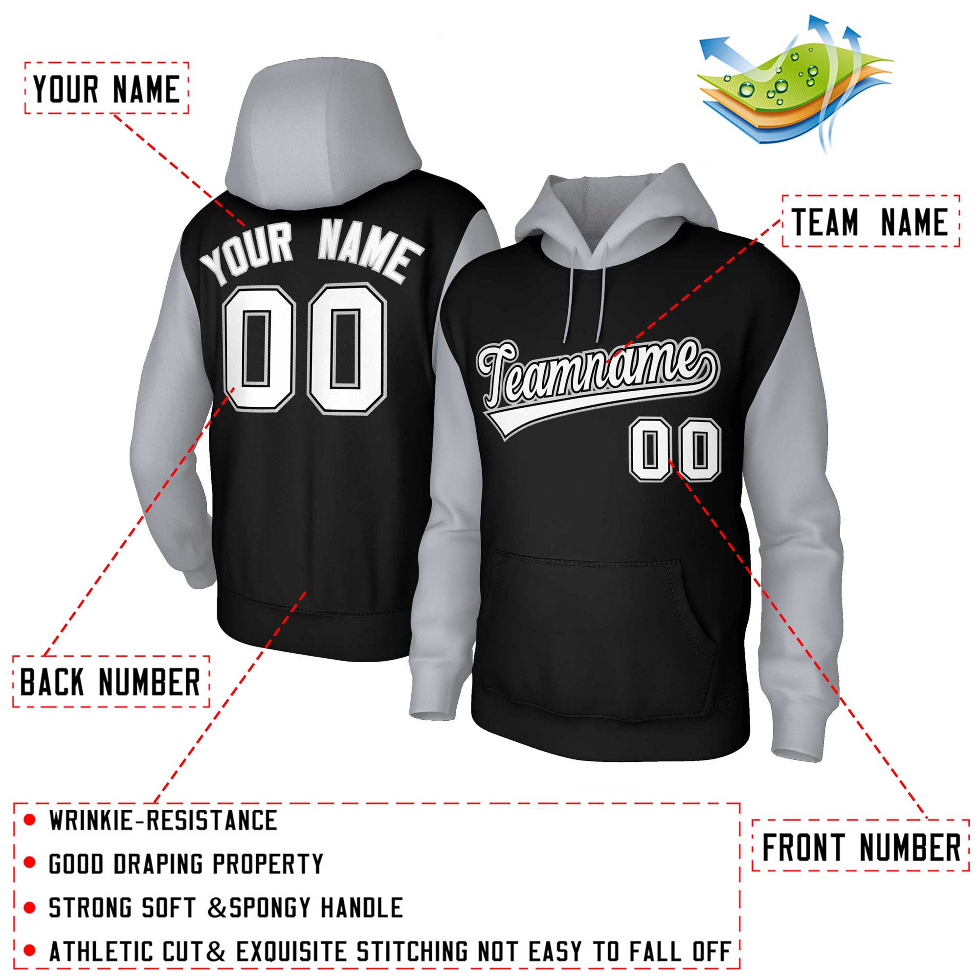 Custom Black White-Black Raglan Sleeves Stitched Sportwear Pullover Hoodie