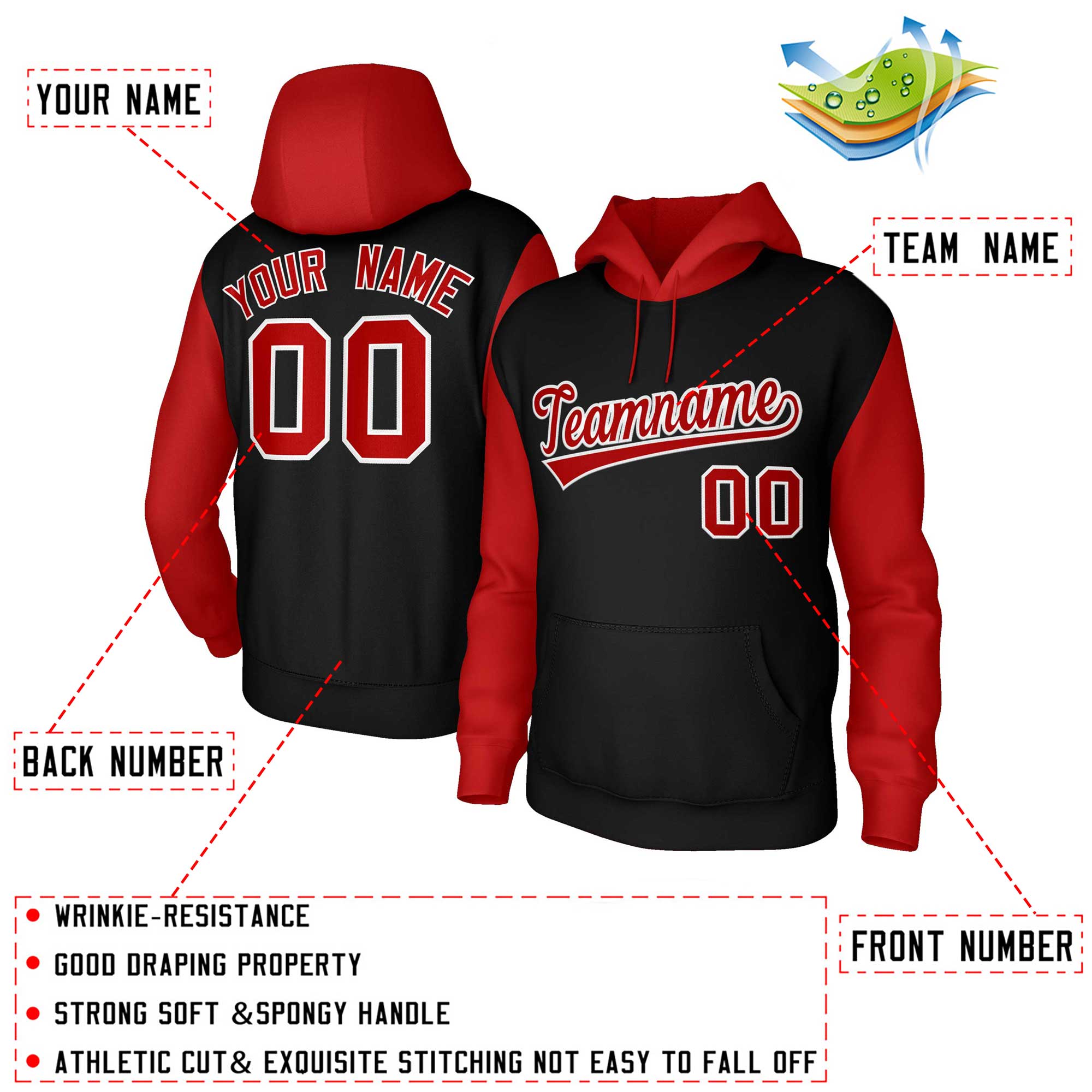 Custom Black Red-White Raglan Sleeves Stitched Sportwear Pullover Hoodie