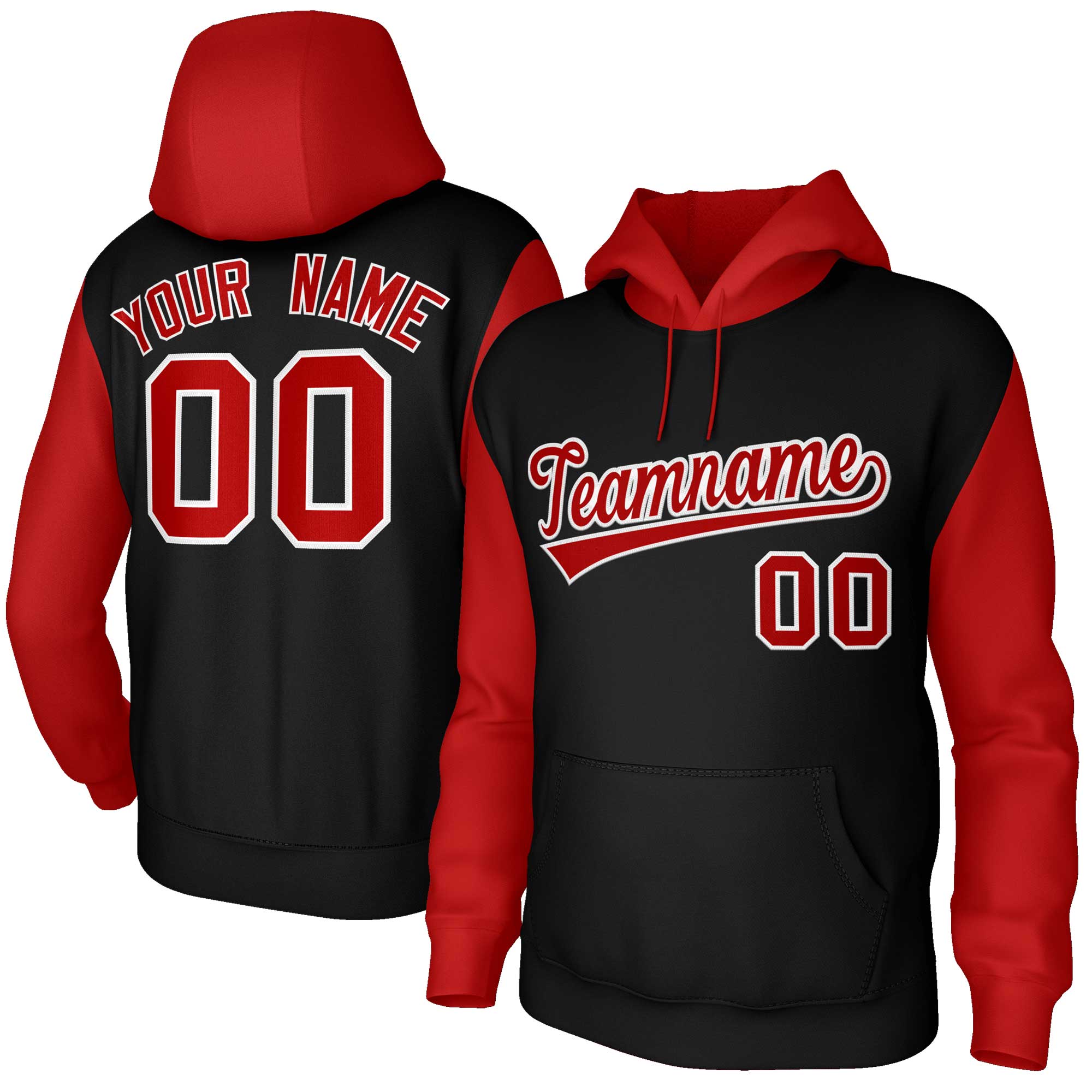 Custom Black Red-White Raglan Sleeves Stitched Sportwear Pullover Hoodie