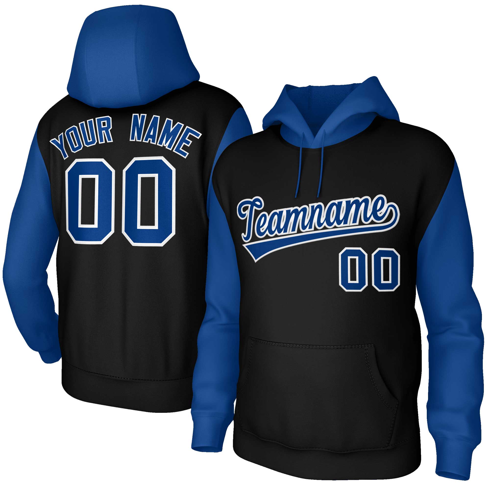 Custom Black Royal-White Raglan Sleeves Stitched Sportwear Pullover Hoodie