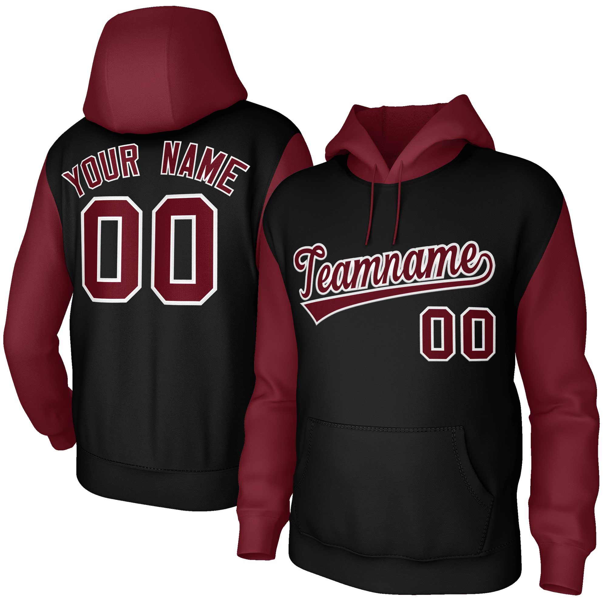 Custom Black Crimson-White Raglan Sleeves Stitched Sportwear Pullover Hoodie