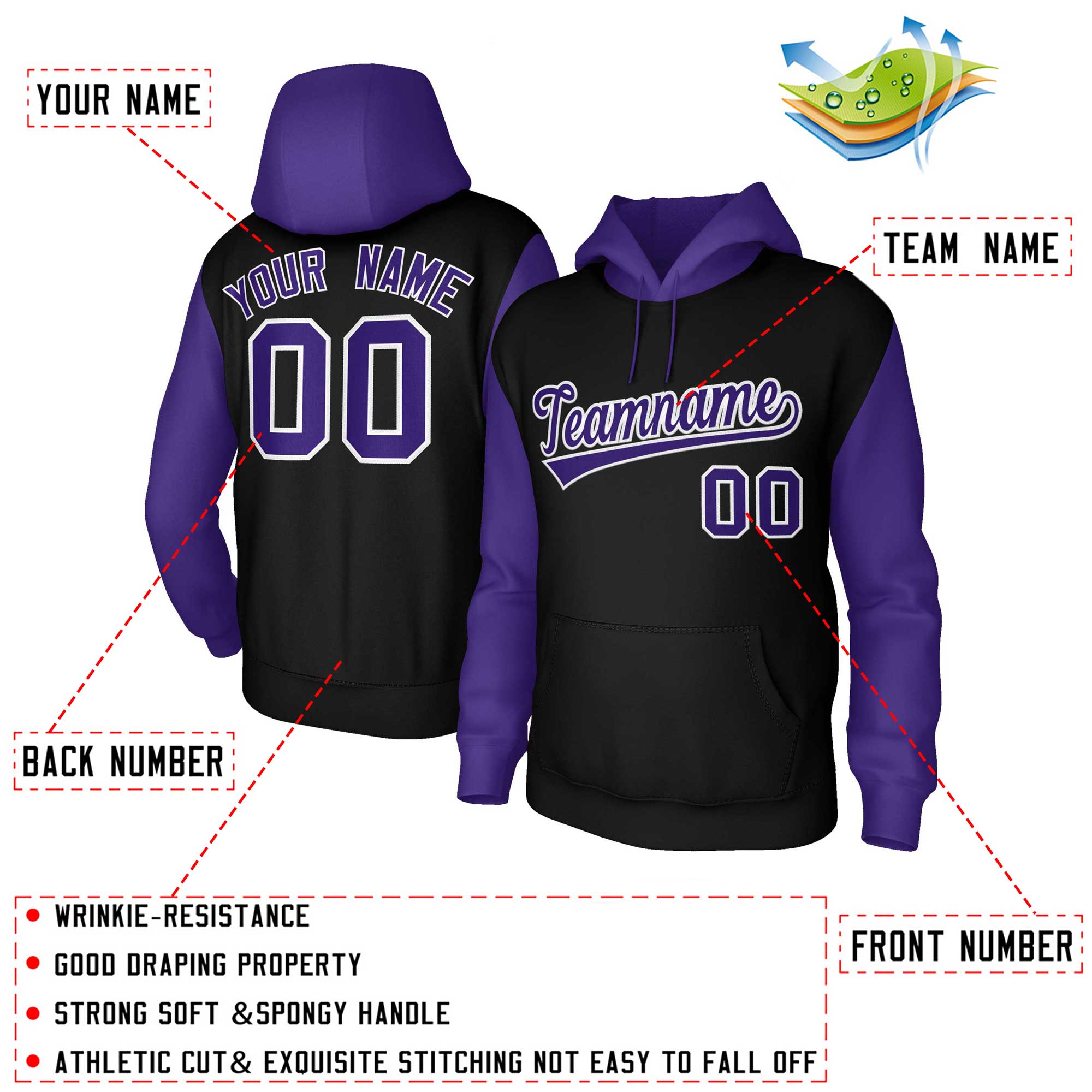 Custom Black Purple-White Raglan Sleeves Stitched Sportwear Pullover Hoodie