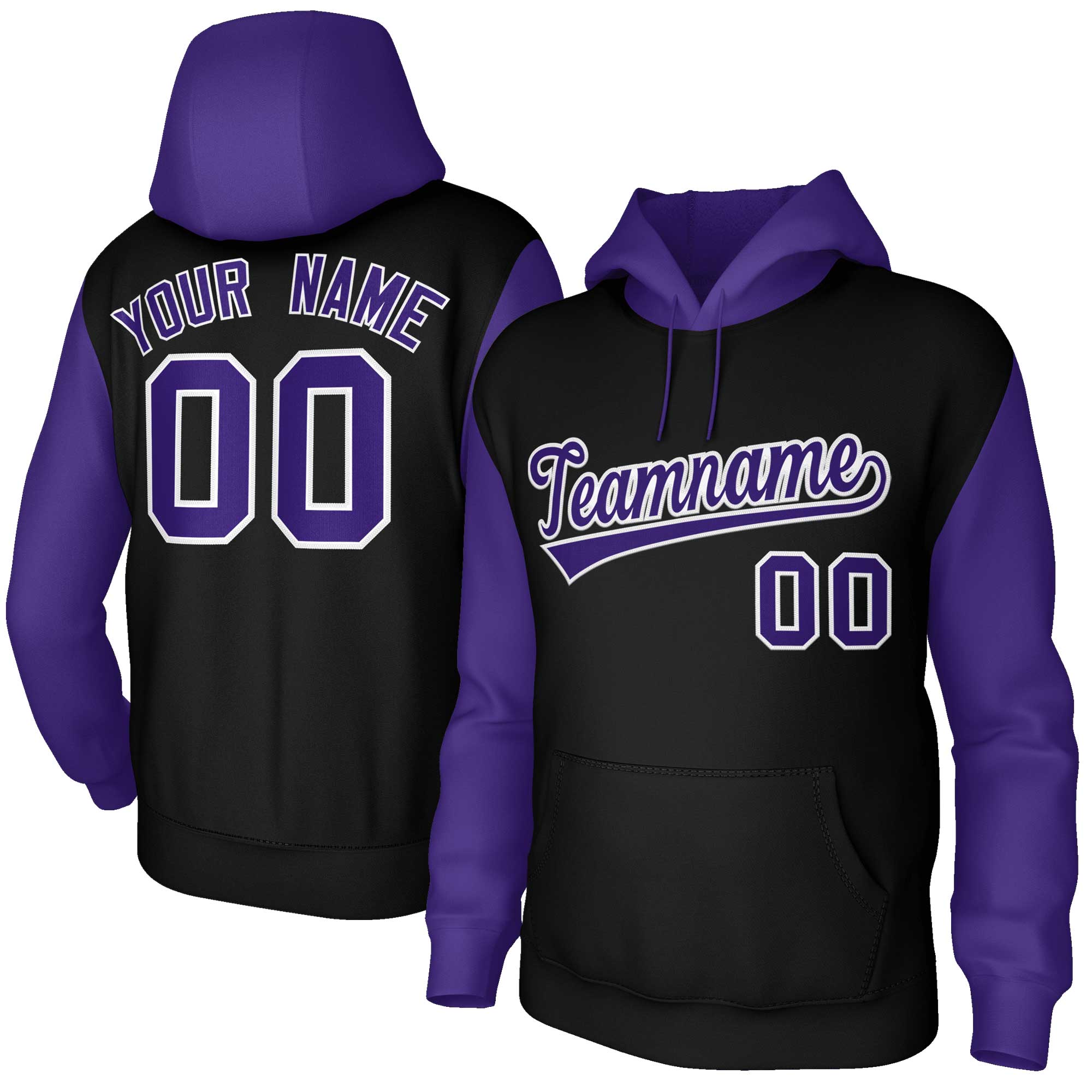 Sweat à capuche personnalisé à manches raglan noir violet-blanc cousu Sportwear