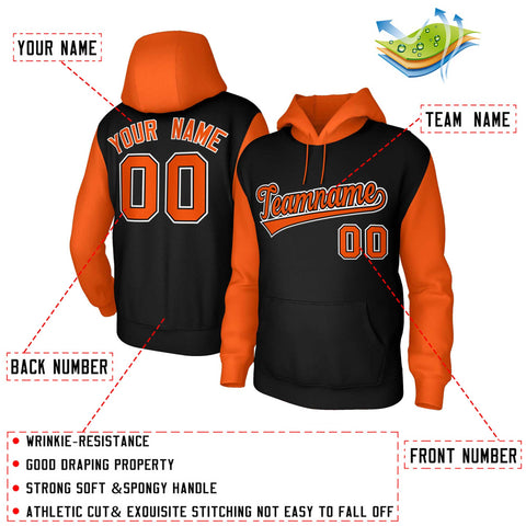 Custom Black Orange-Black Raglan Sleeves Stitched Sportwear Pullover Hoodie