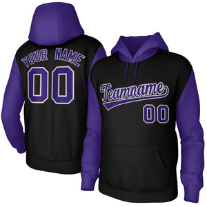 Custom Black Purple-Gray Raglan Sleeves Stitched Sportwear Pullover Hoodie