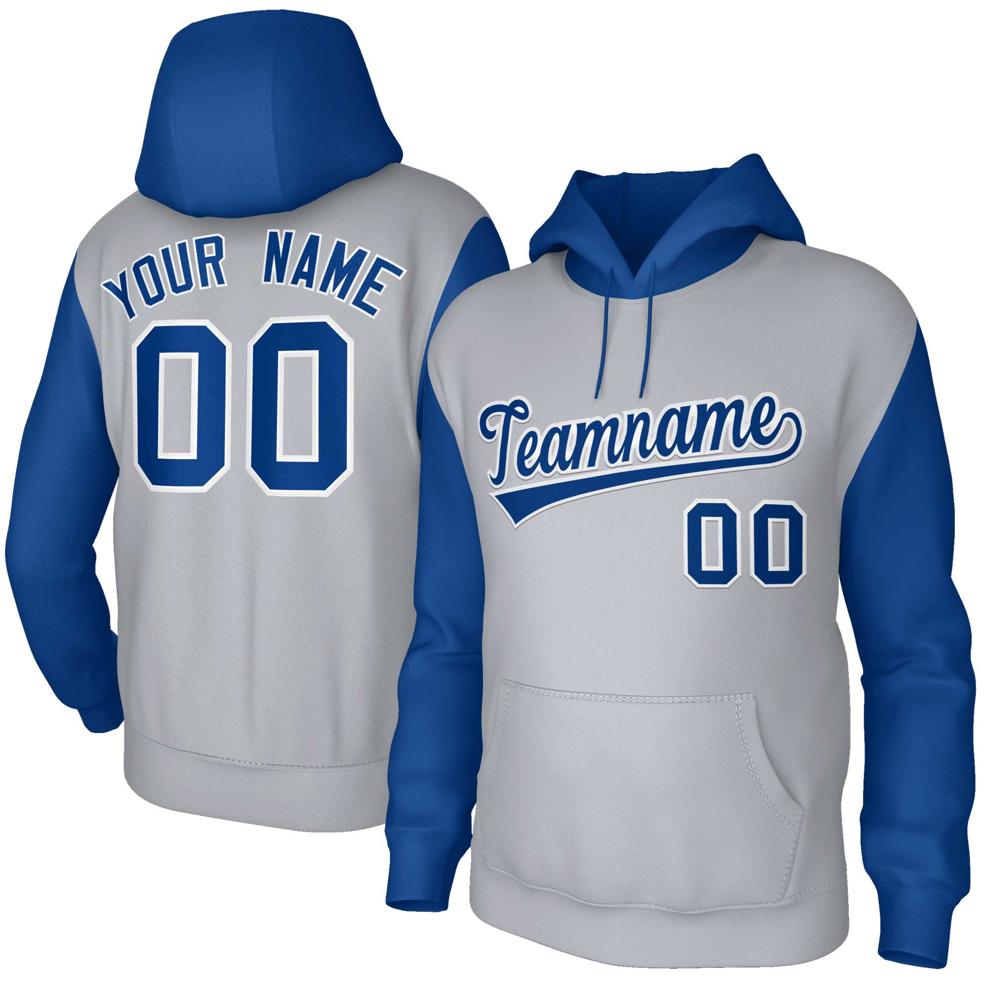 Custom Gray Royal-White Raglan Sleeves Stitched Sportwear Pullover Hoodie