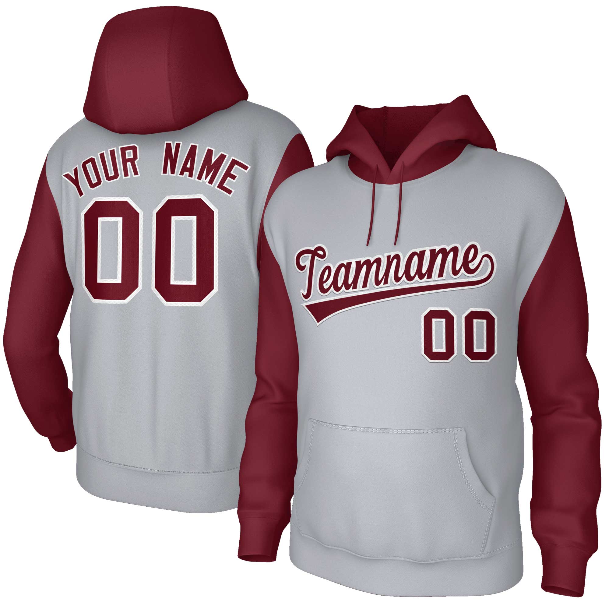 Custom Gray Crimson-White Raglan Sleeves Stitched Sportwear Pullover Hoodie