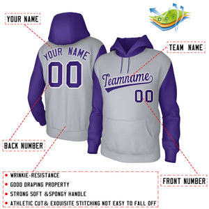 Custom Gray Purple-White Raglan Sleeves Stitched Sportwear Pullover Hoodie