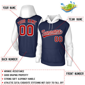 Custom Navy Red-White Raglan Sleeves Stitched Sportwear Pullover Hoodie