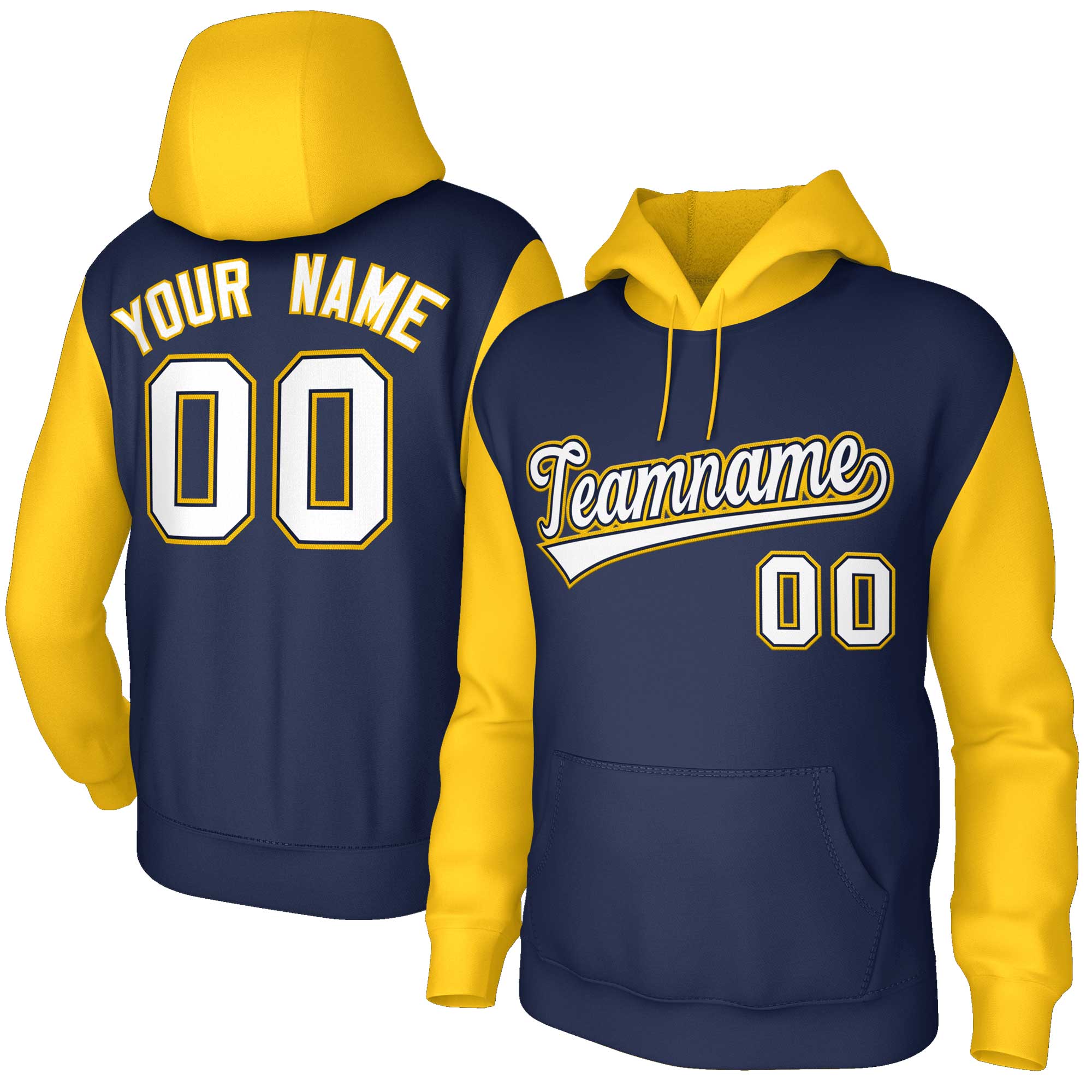 Custom Navy White-Gold Raglan Sleeves Stitched Sportwear Pullover Hoodie