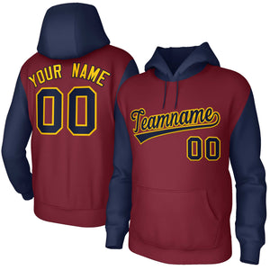 Custom Crimson Navy-Gold Raglan Sleeves Stitched Sportwear Pullover Hoodie