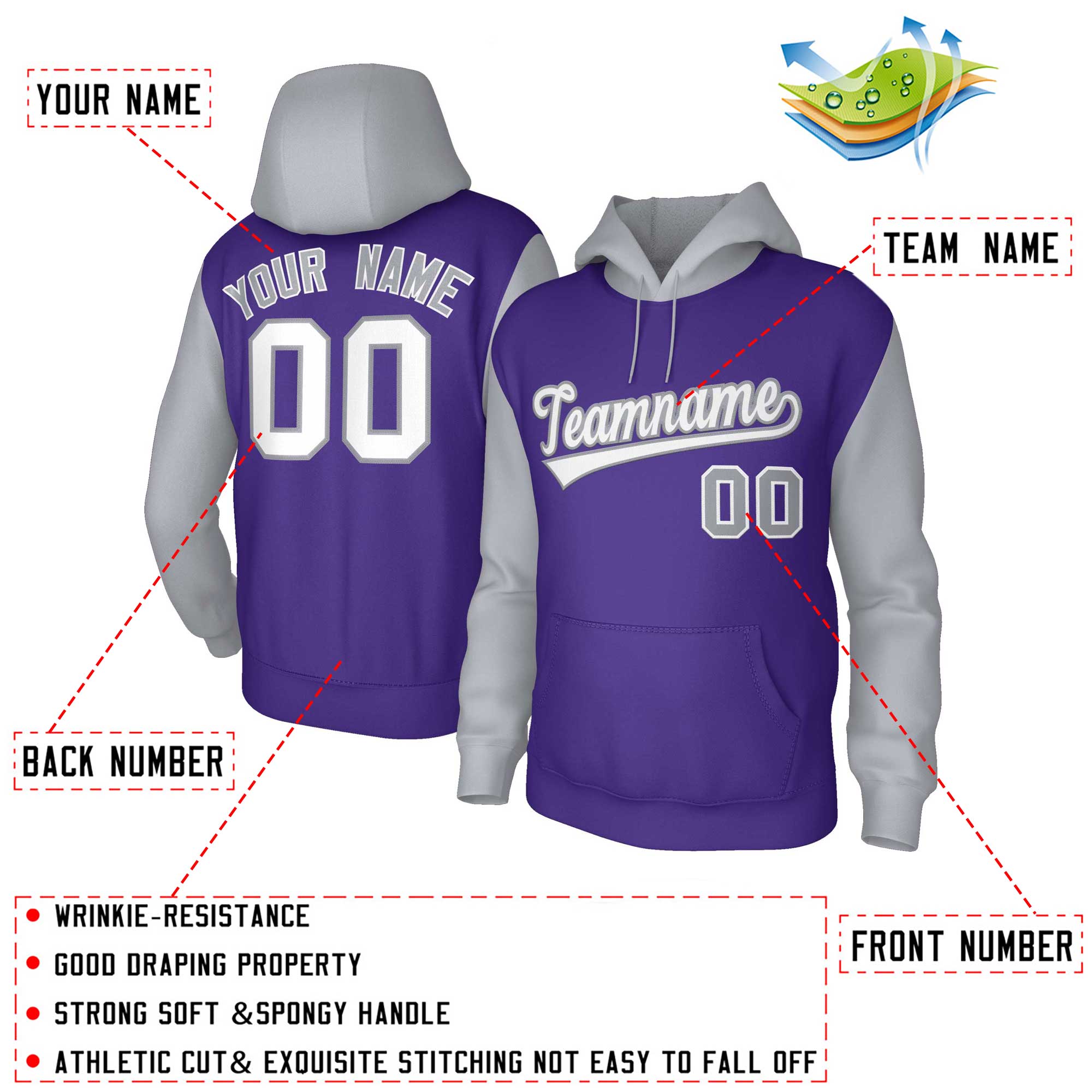 Custom Purple White-Gray Raglan Sleeves Stitched Sportwear Pullover Hoodie