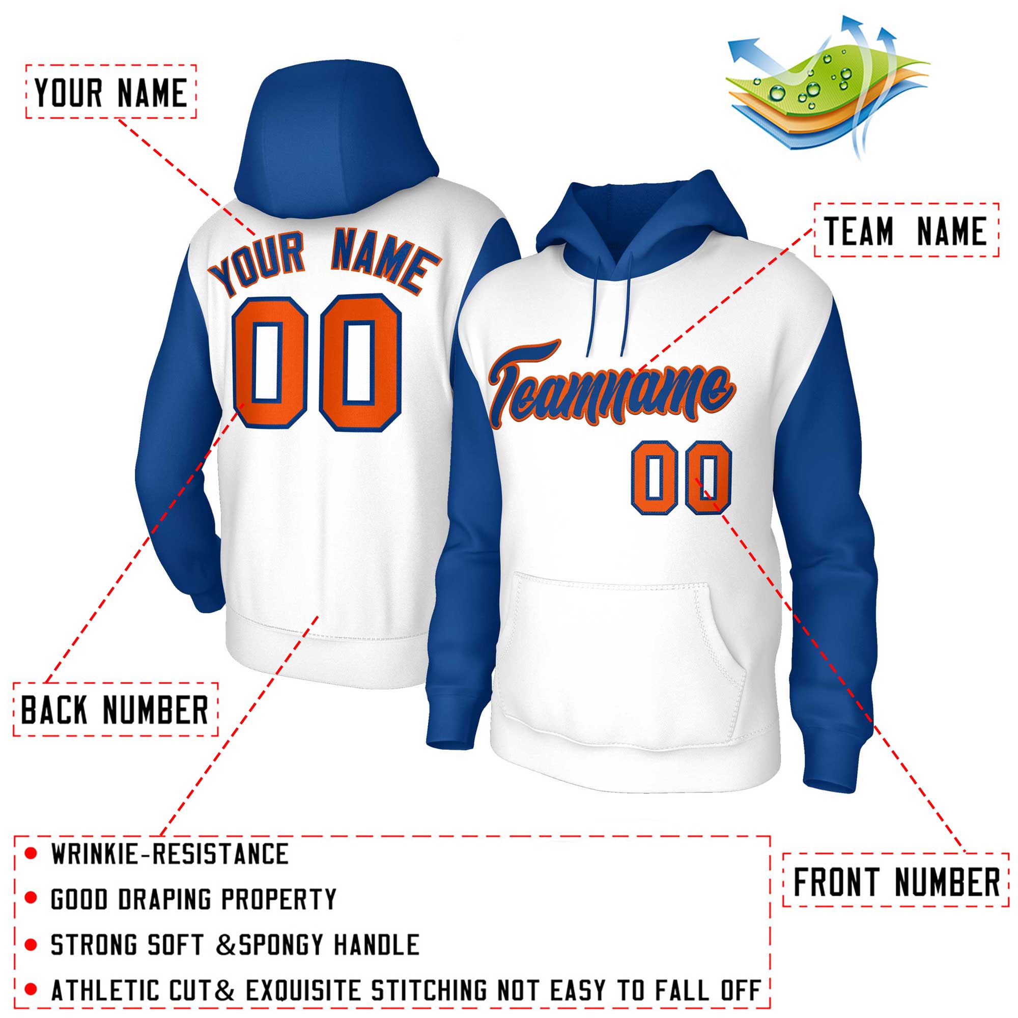 Custom White Royal-Orange Raglan Sleeves Stitched Sportwear Pullover Hoodie