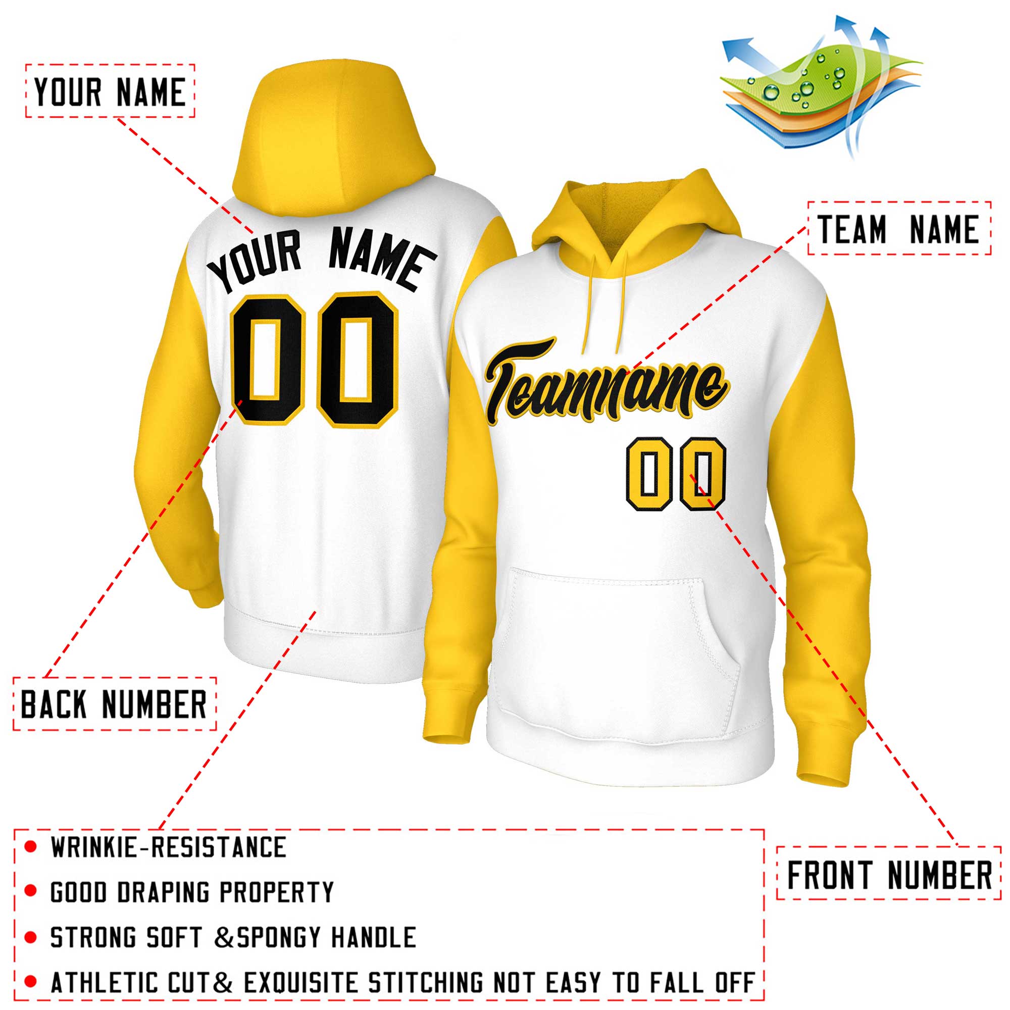 Custom White Black-Gold Raglan Sleeves Stitched Sportwear Pullover Hoodie