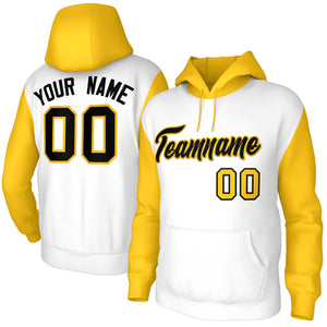 Custom White Black-Gold Raglan Sleeves Stitched Sportwear Pullover Hoodie