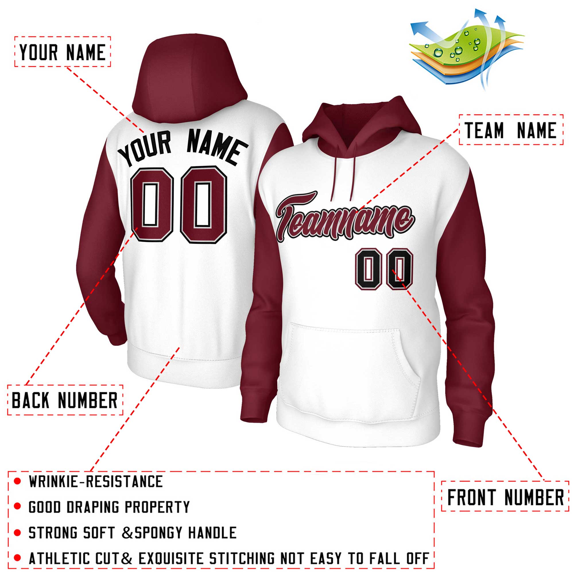 Custom White Crimson-Gray Raglan Sleeves Stitched Sportwear Pullover Hoodie