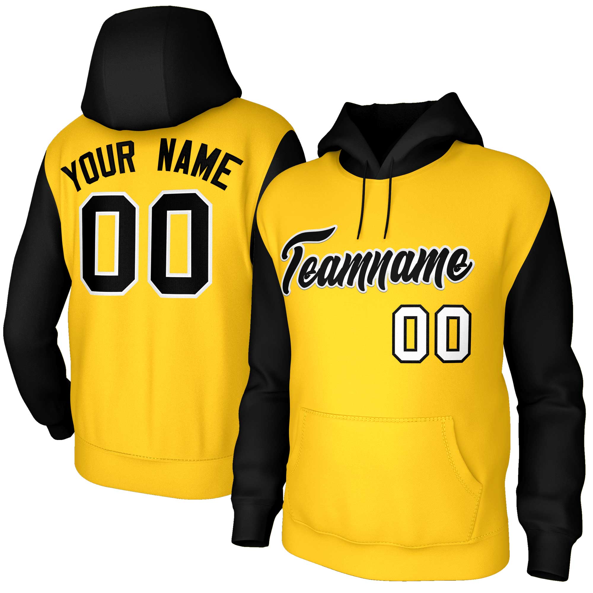 Custom Gold Black-White Raglan Sleeves Stitched Sportwear Pullover Hoodie