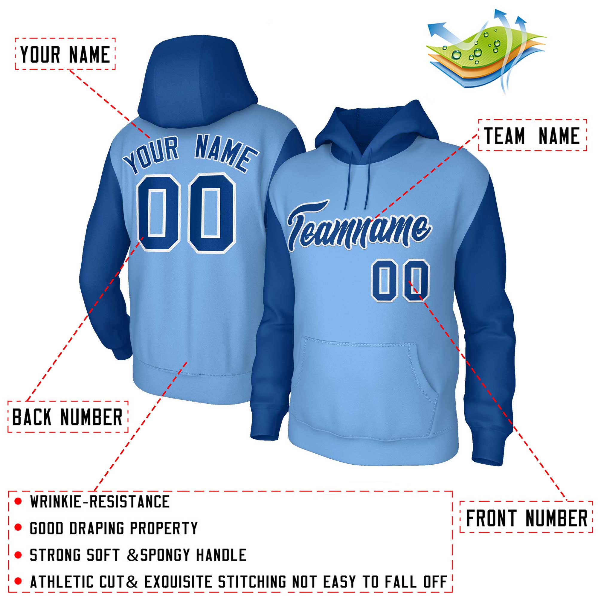 Custom Light Blue Royal-White Raglan Sleeves Stitched Sportwear Pullover Hoodie