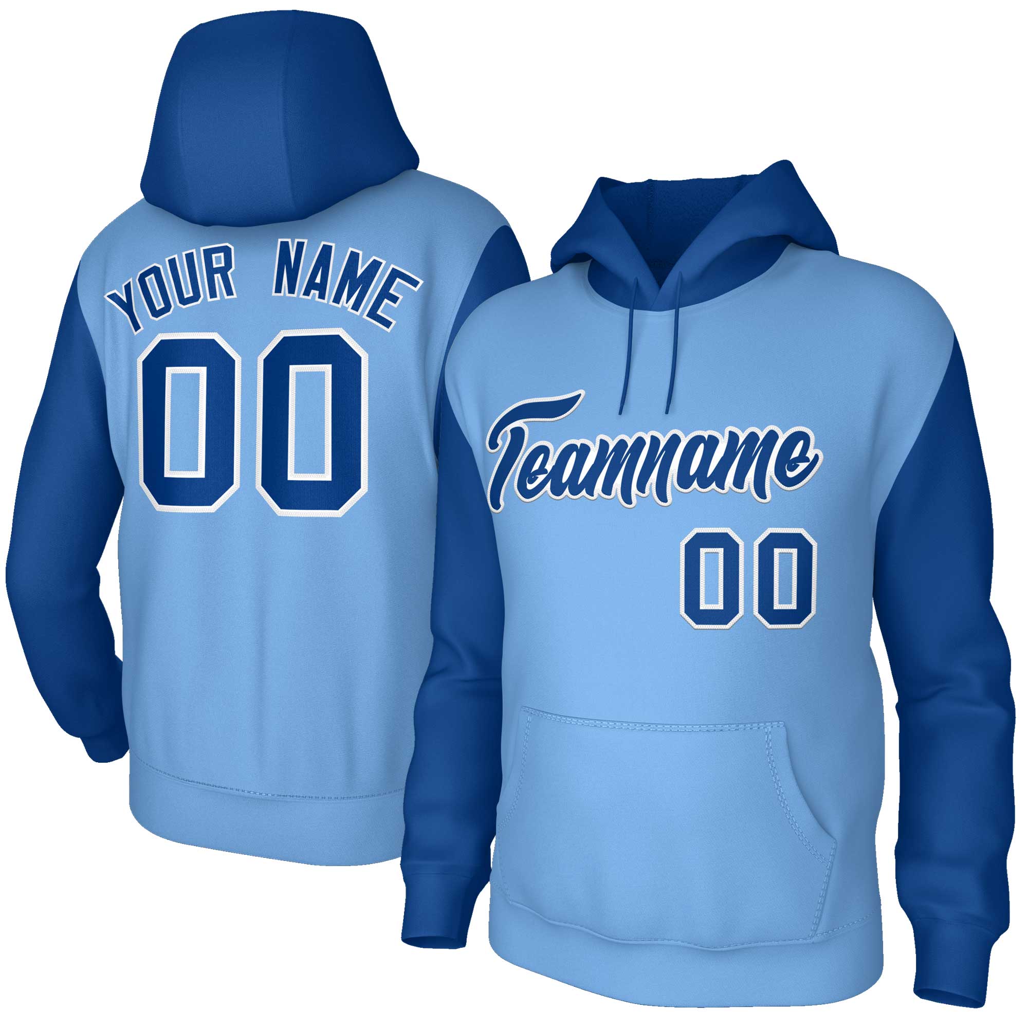 Custom Light Blue Royal-White Raglan Sleeves Stitched Sportwear Pullover Hoodie