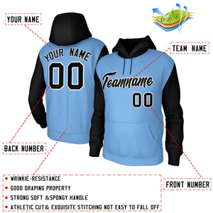 Custom Light Blue Black-White Raglan Sleeves Stitched Sportwear Pullover Hoodie