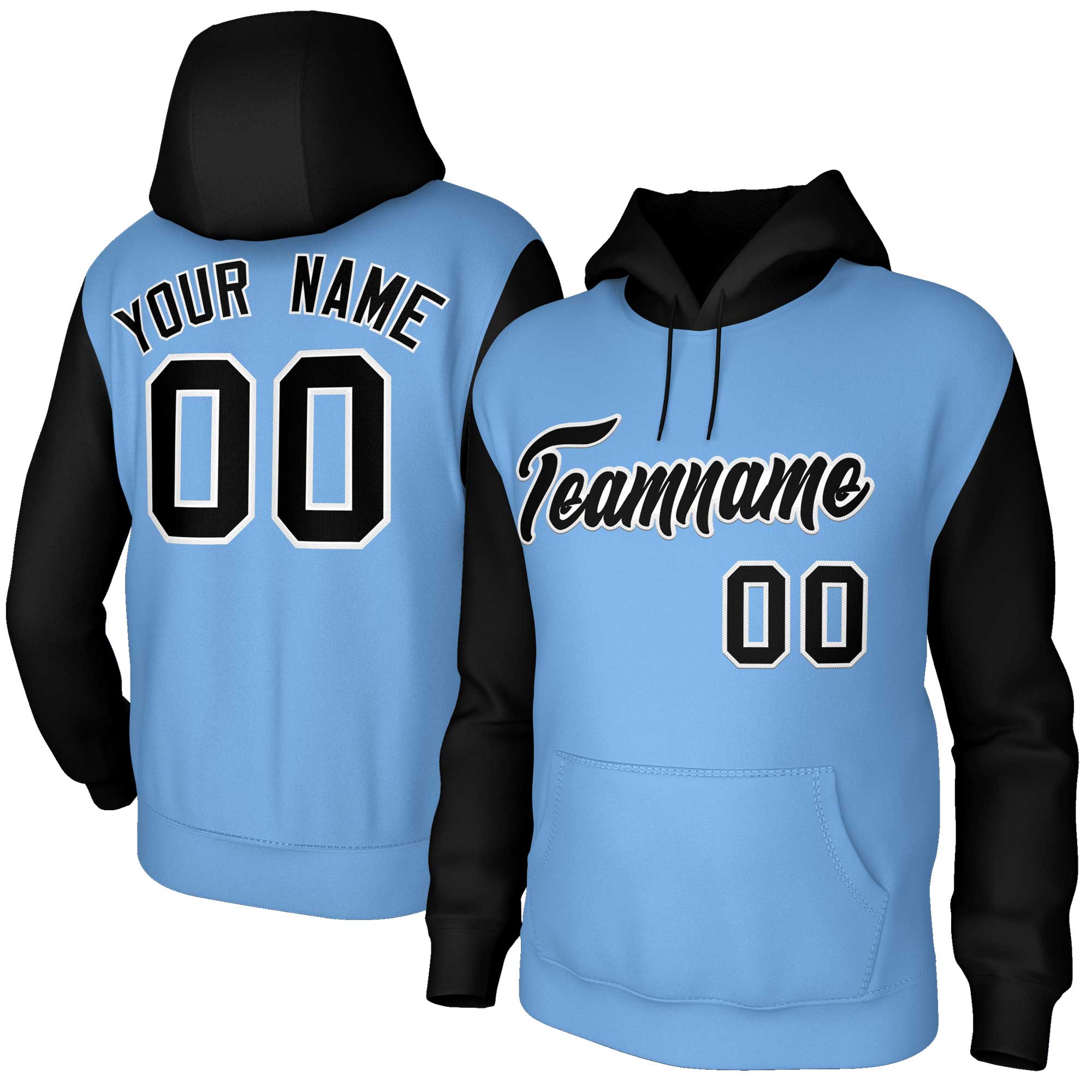 Custom Light Blue Black-White Raglan Sleeves Stitched Sportwear Pullover Hoodie