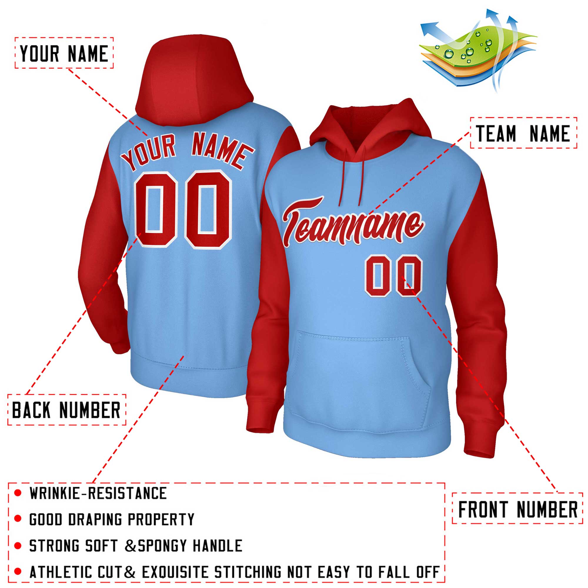 Custom Light Blue Red-White Raglan Sleeves Stitched Sportwear Pullover Hoodie