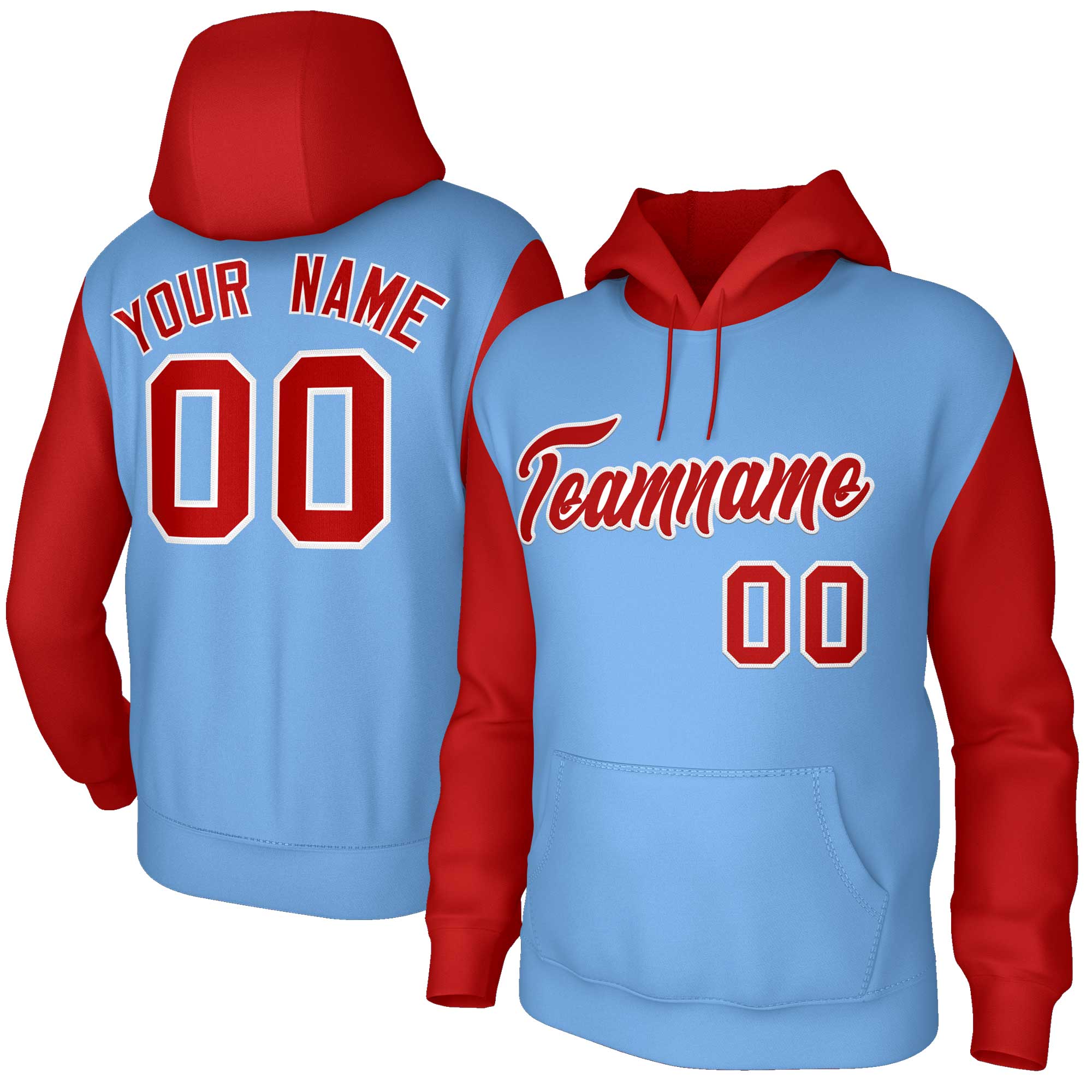 Custom Light Blue Red-White Raglan Sleeves Stitched Sportwear Pullover Hoodie