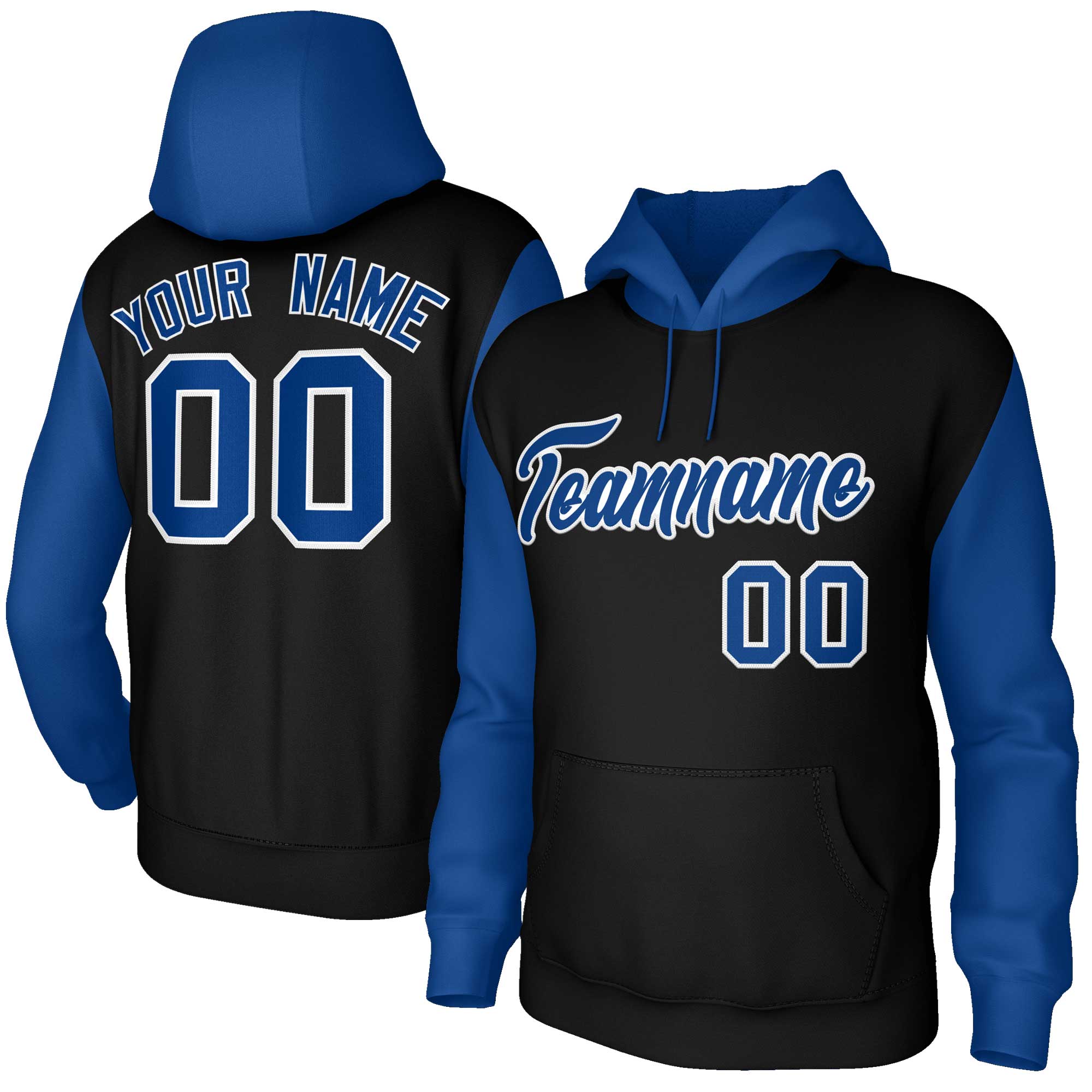 Custom Black Royal-White Raglan Sleeves Stitched Sportwear Pullover Hoodie