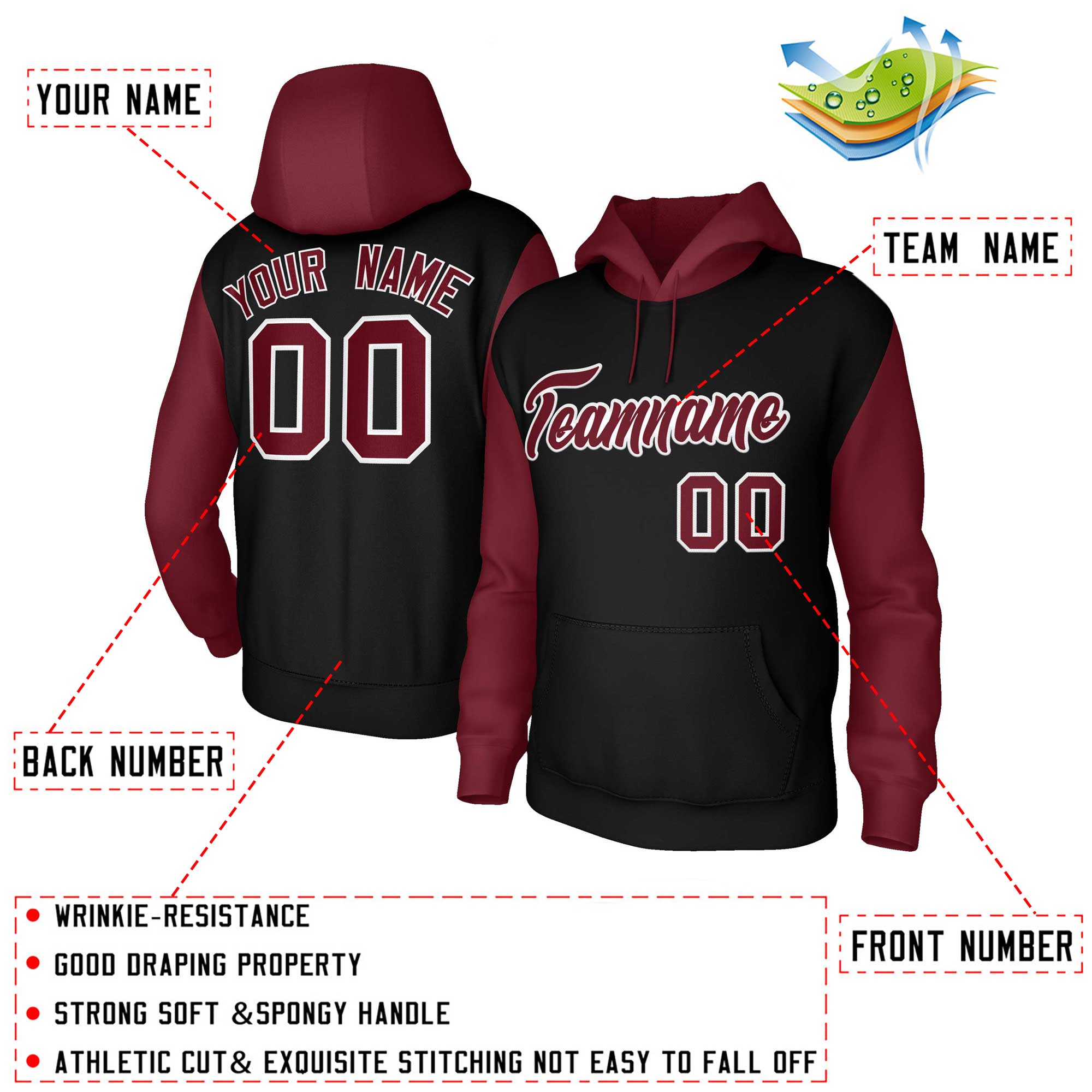 Custom Black Crimson-White Raglan Sleeves Stitched Sportwear Pullover Hoodie