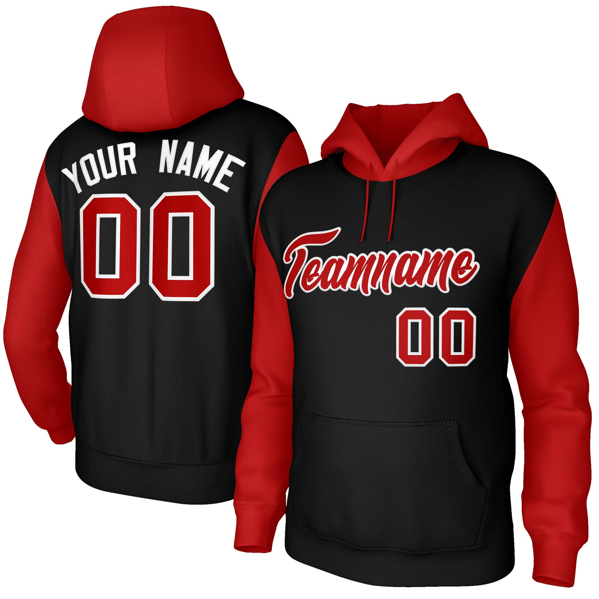 Custom Black Red-White Raglan Sleeves Stitched Sportwear Pullover Hoodie