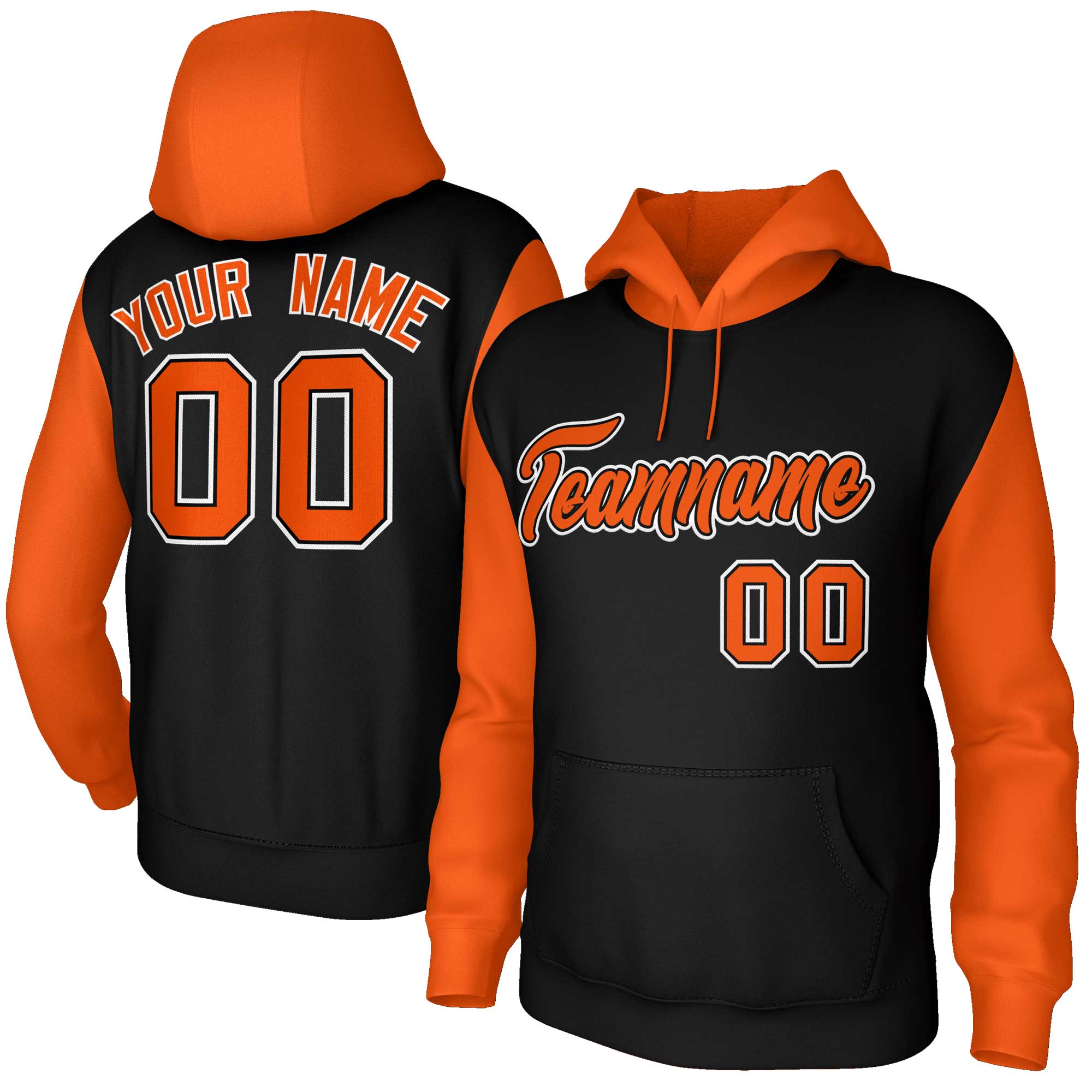 Sweat à capuche personnalisé à manches raglan noir orange-noir cousu Sportwear