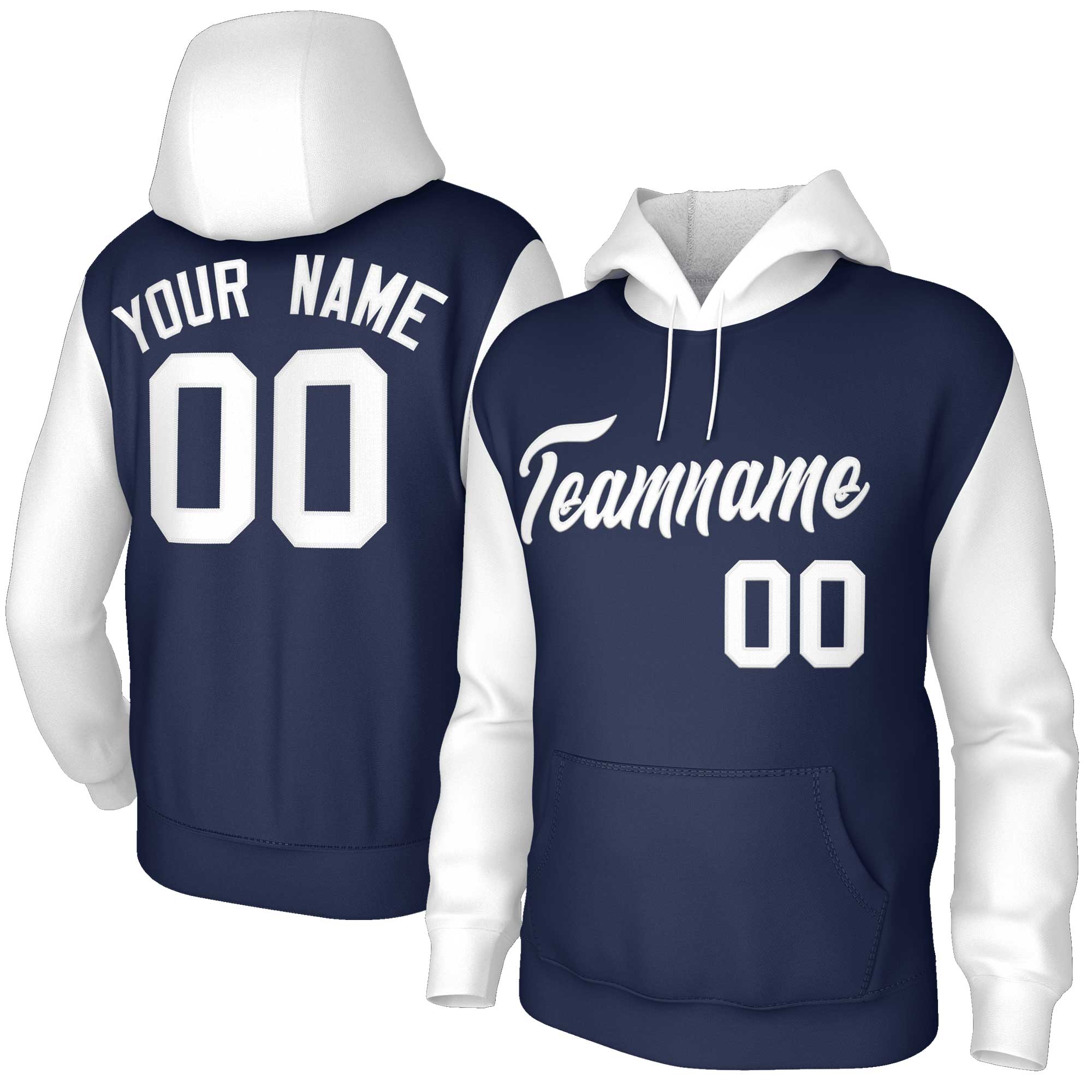 Custom Navy White-Raglan Sleeves Stitched Sportwear Pullover Hoodie