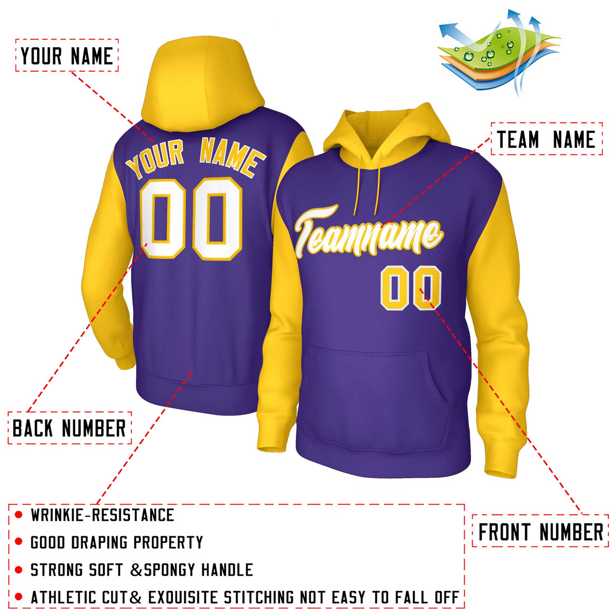 Custom Purple White-Gold Raglan Sleeves Stitched Sportwear Pullover Hoodie