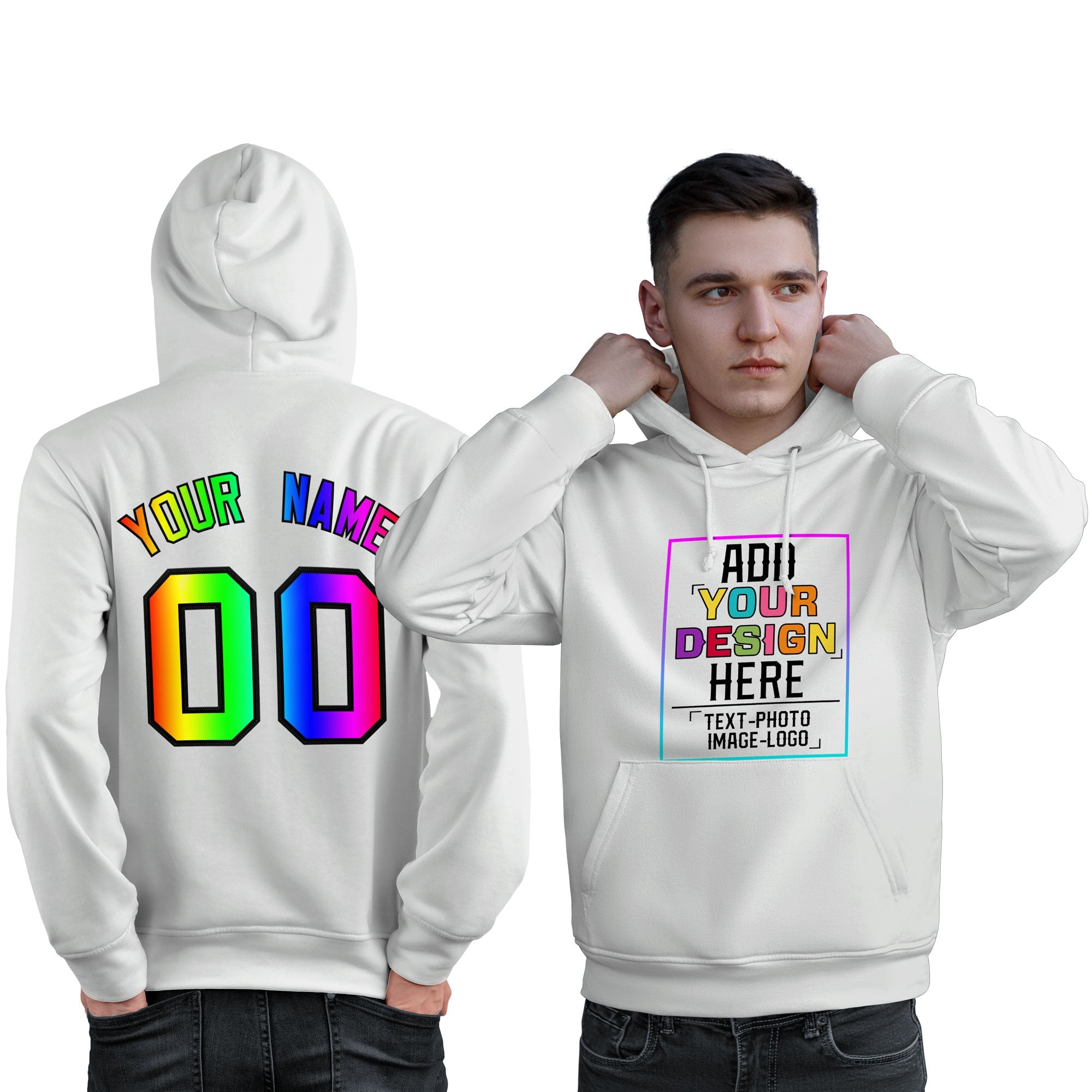 Sweat-shirt à capuche blanc personnalisé avec police de couleur arc-en-ciel