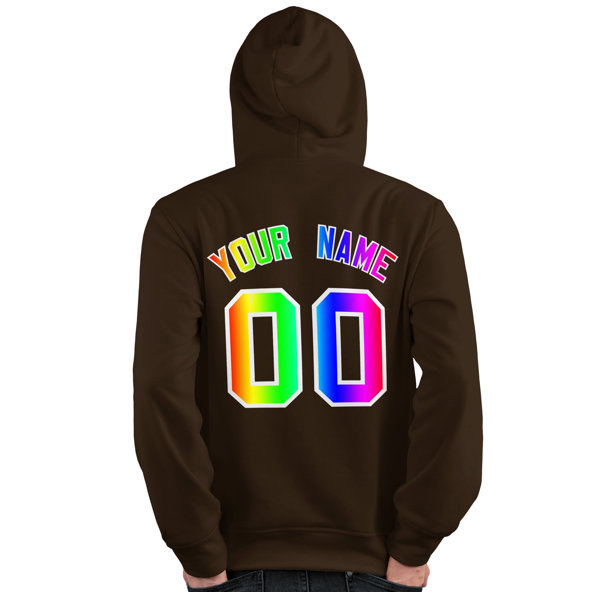 Sweat-shirt à capuche personnalisé marron avec police de couleur arc-en-ciel