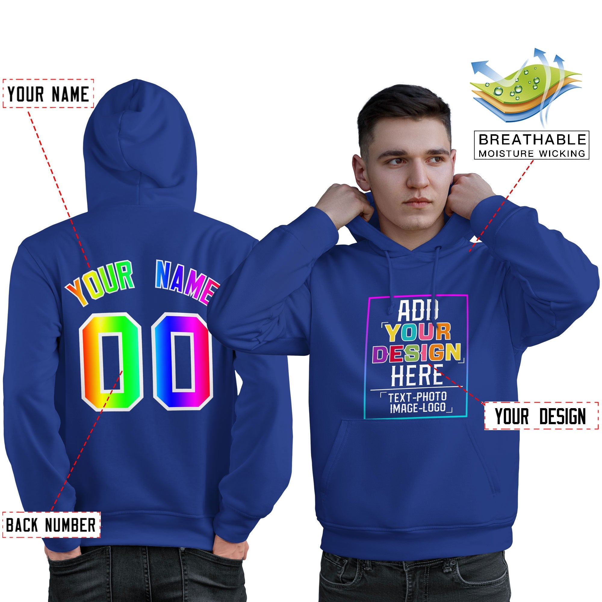 Custom Royal Personnalisé Rainbow Color Font Team Pull à capuche