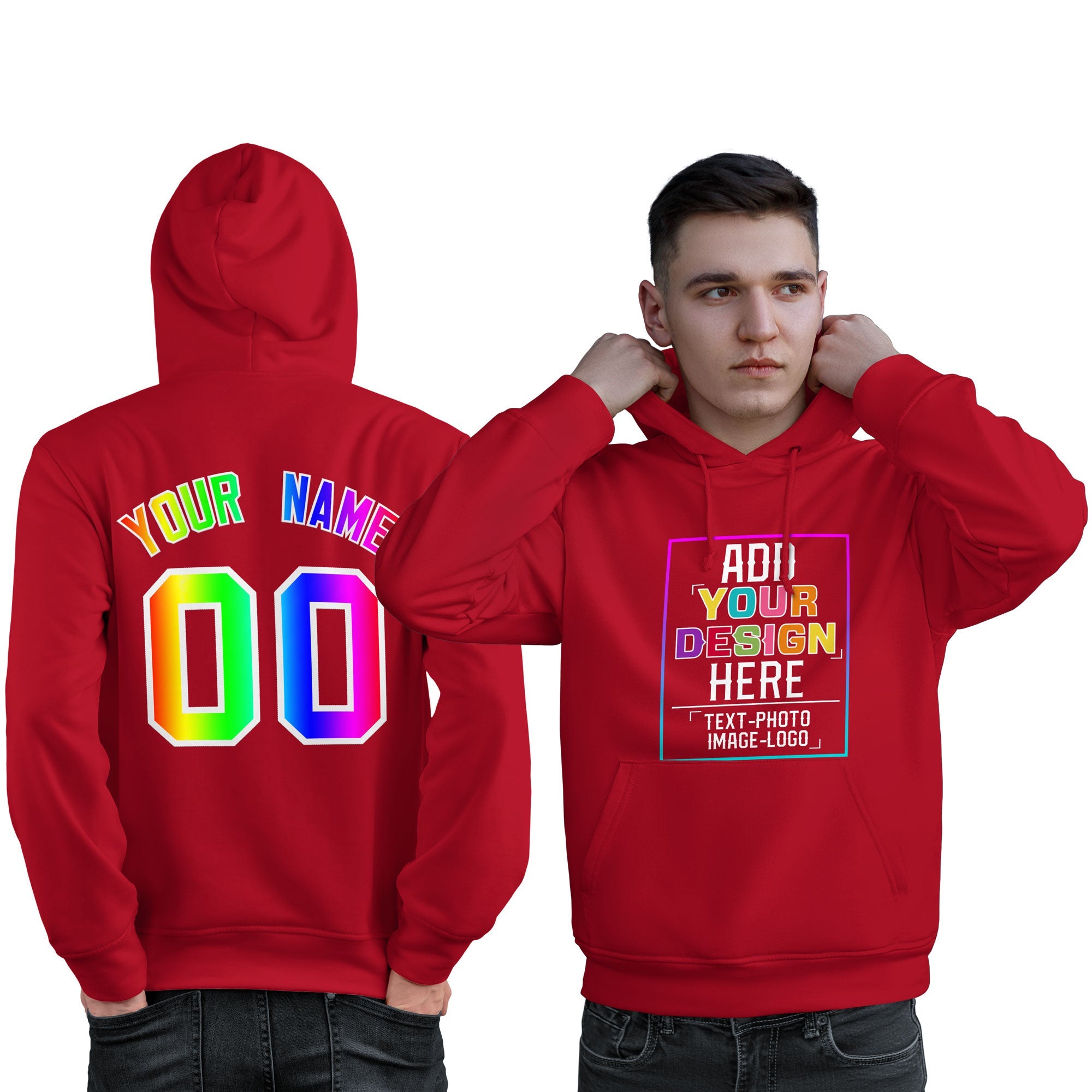 Sweat à capuche personnalisé rouge personnalisé avec police de couleur arc-en-ciel