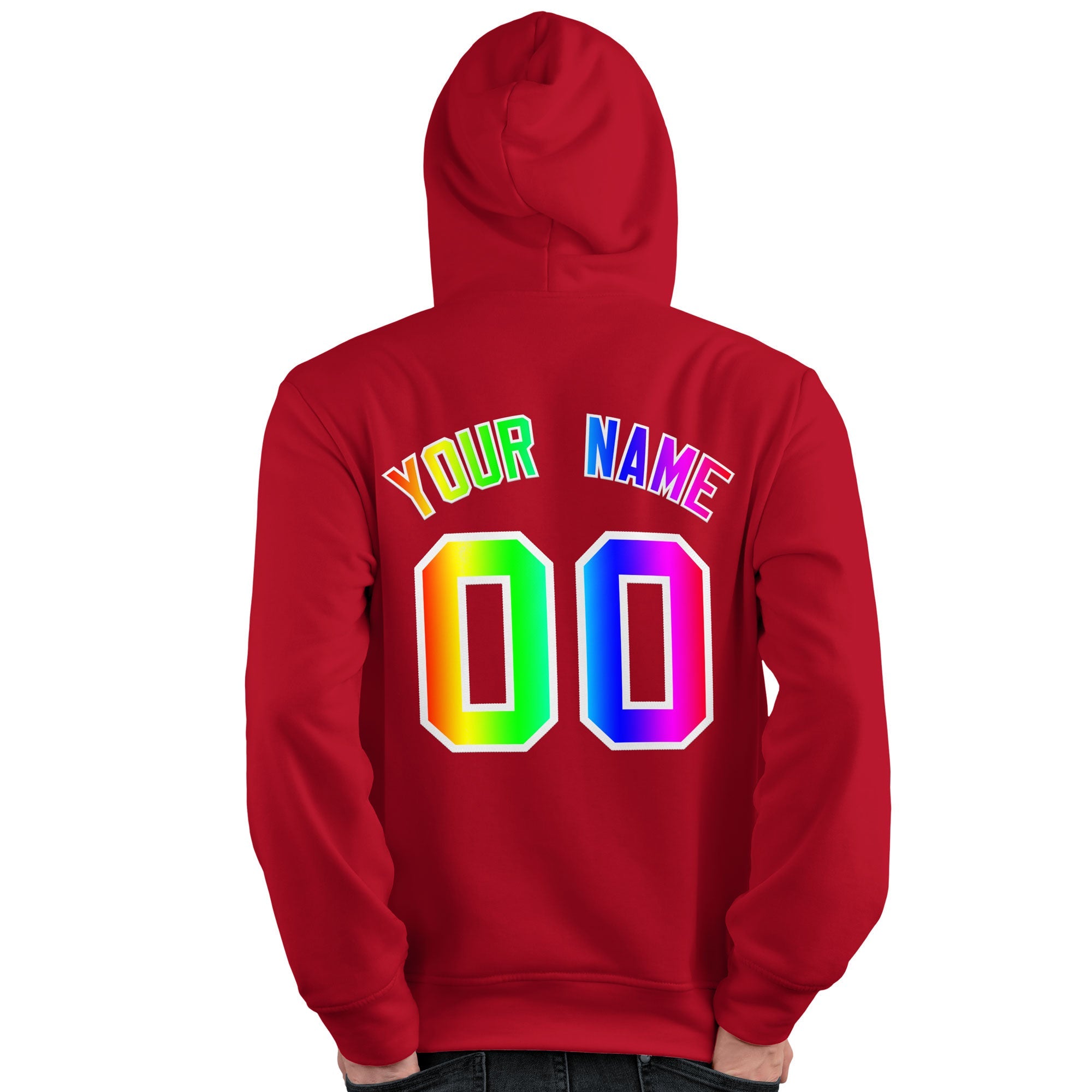 Sweat à capuche personnalisé rouge personnalisé avec police de couleur arc-en-ciel