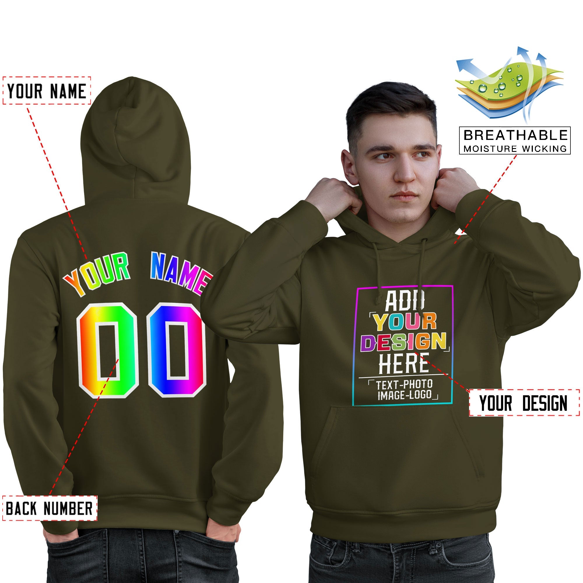 Sweat à capuche personnalisé Olive personnalisé avec police de couleur arc-en-ciel