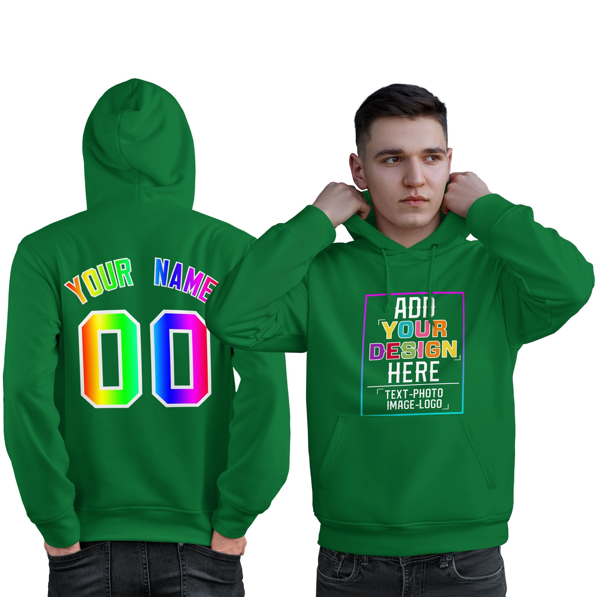 Custom Kelly Green Personalized Rainbow Color Font Team Pullover Sweatshirt Hoodie