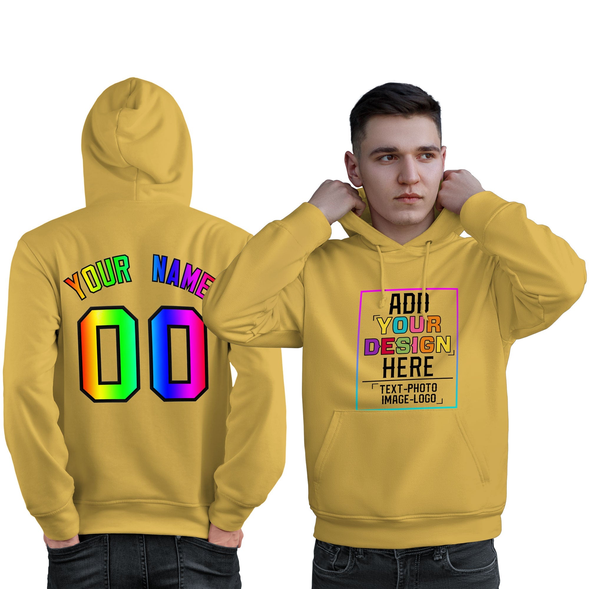 Sweat-shirt à capuche jaune personnalisé avec police de couleur arc-en-ciel