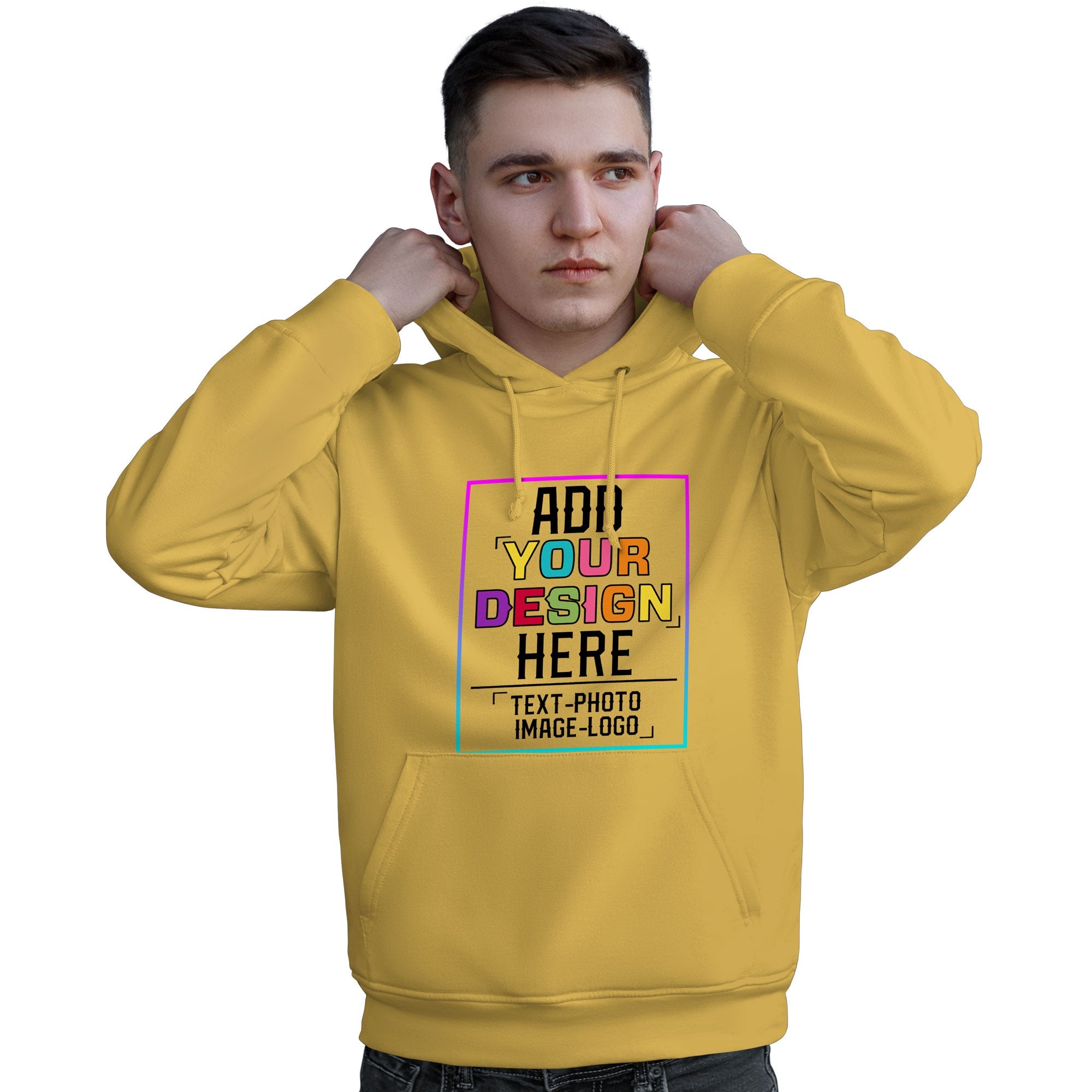 Sweat-shirt à capuche jaune personnalisé avec police de couleur arc-en-ciel